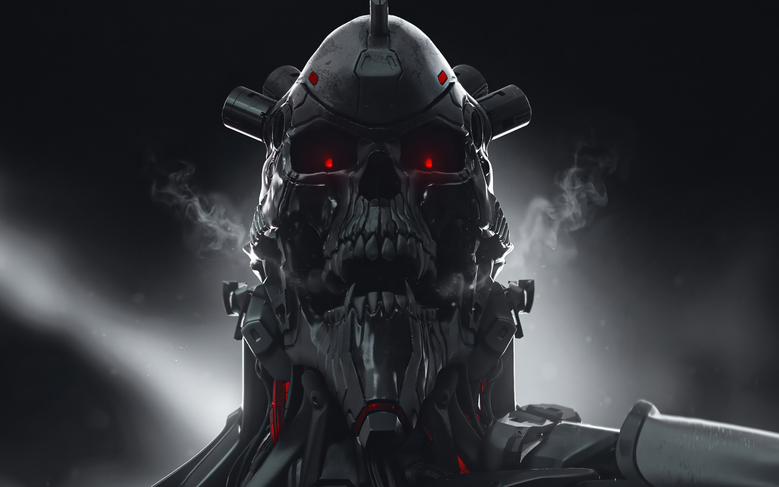 Злой солдат андроид на сером фоне