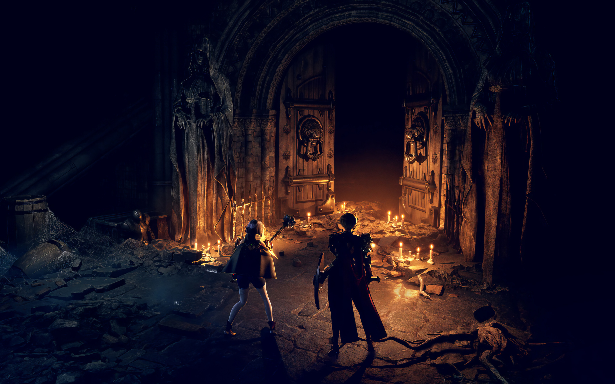 Персонажи у ворот в компьютерной игре Dungeon Stalkers, 2024