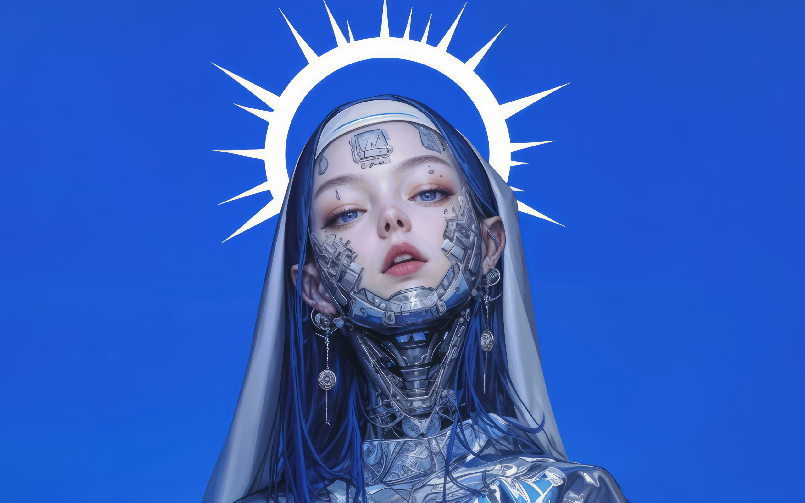 Девушка киборг cyberpunk на синем фоне