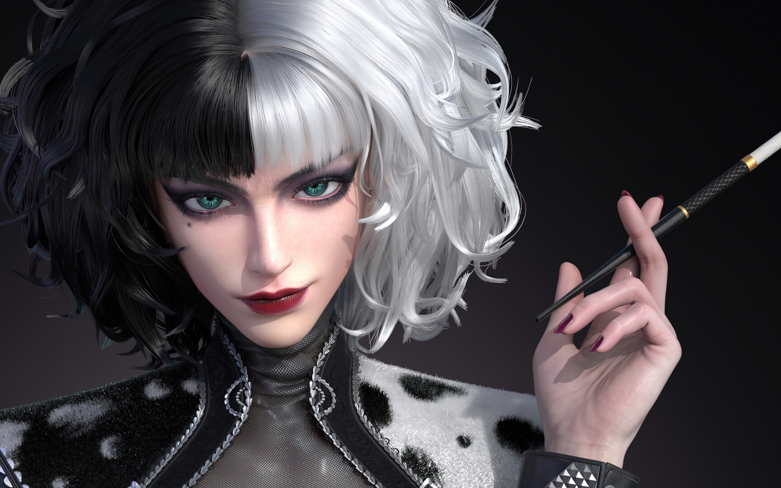 Зеленоглазая девушка Круэлла с сигаретой крупным планом