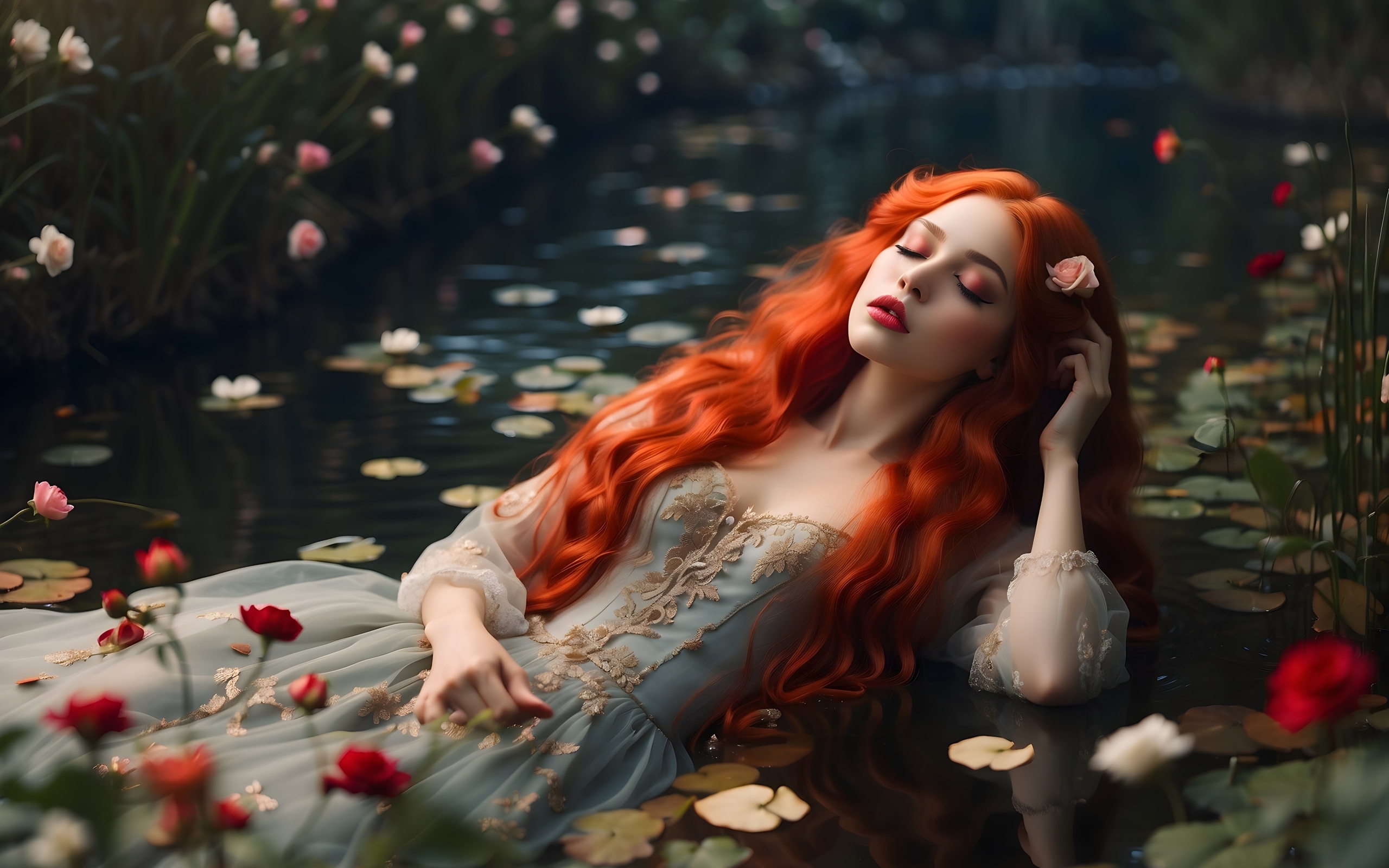 Рыжеволосая девушка в красивом платье лежит в воде