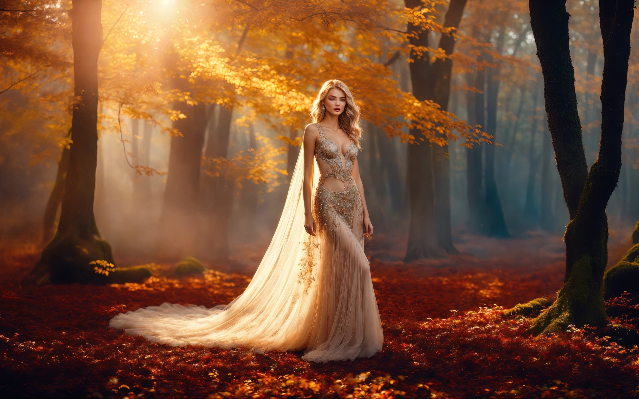 Блондинка в красивом платье в осеннем лесу