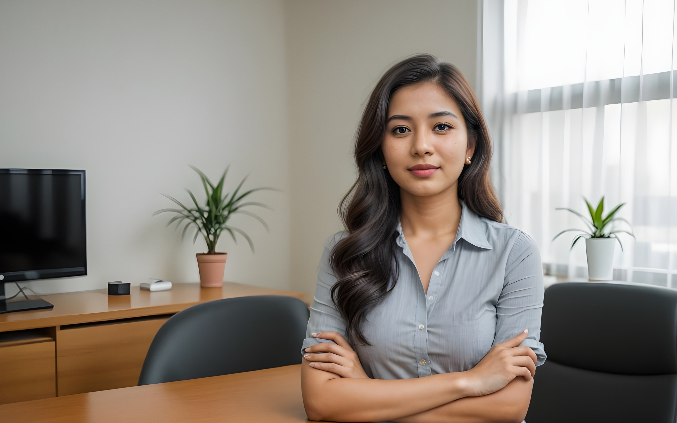 Милая девушка азиатка в серой рубашке за столом в офисе