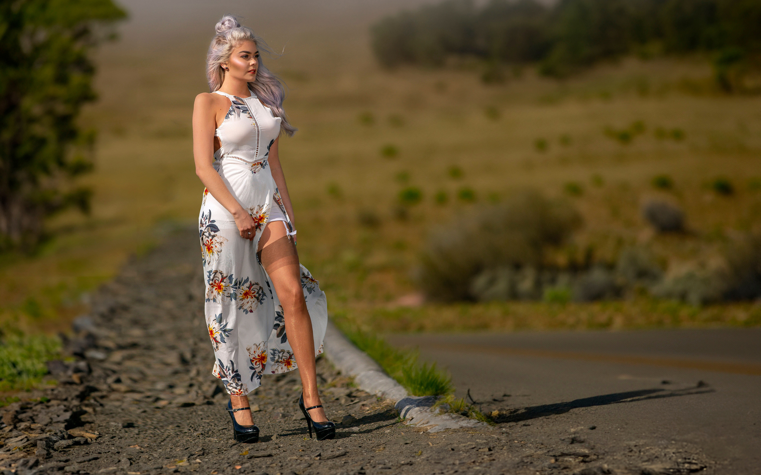 Длинноногая красивая девушка в платье у дороги