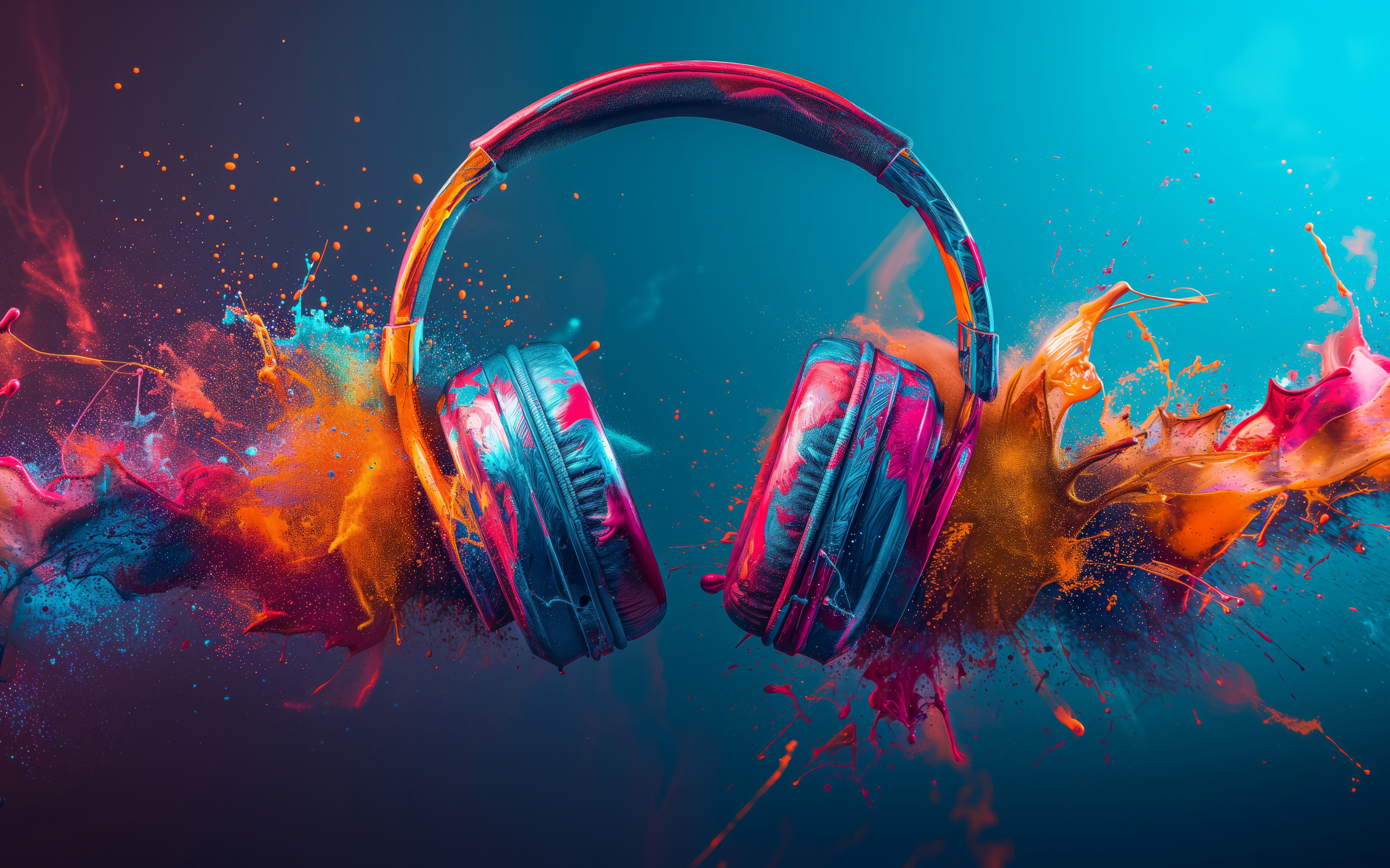 Наушники с брызгами краски на голубом фоне