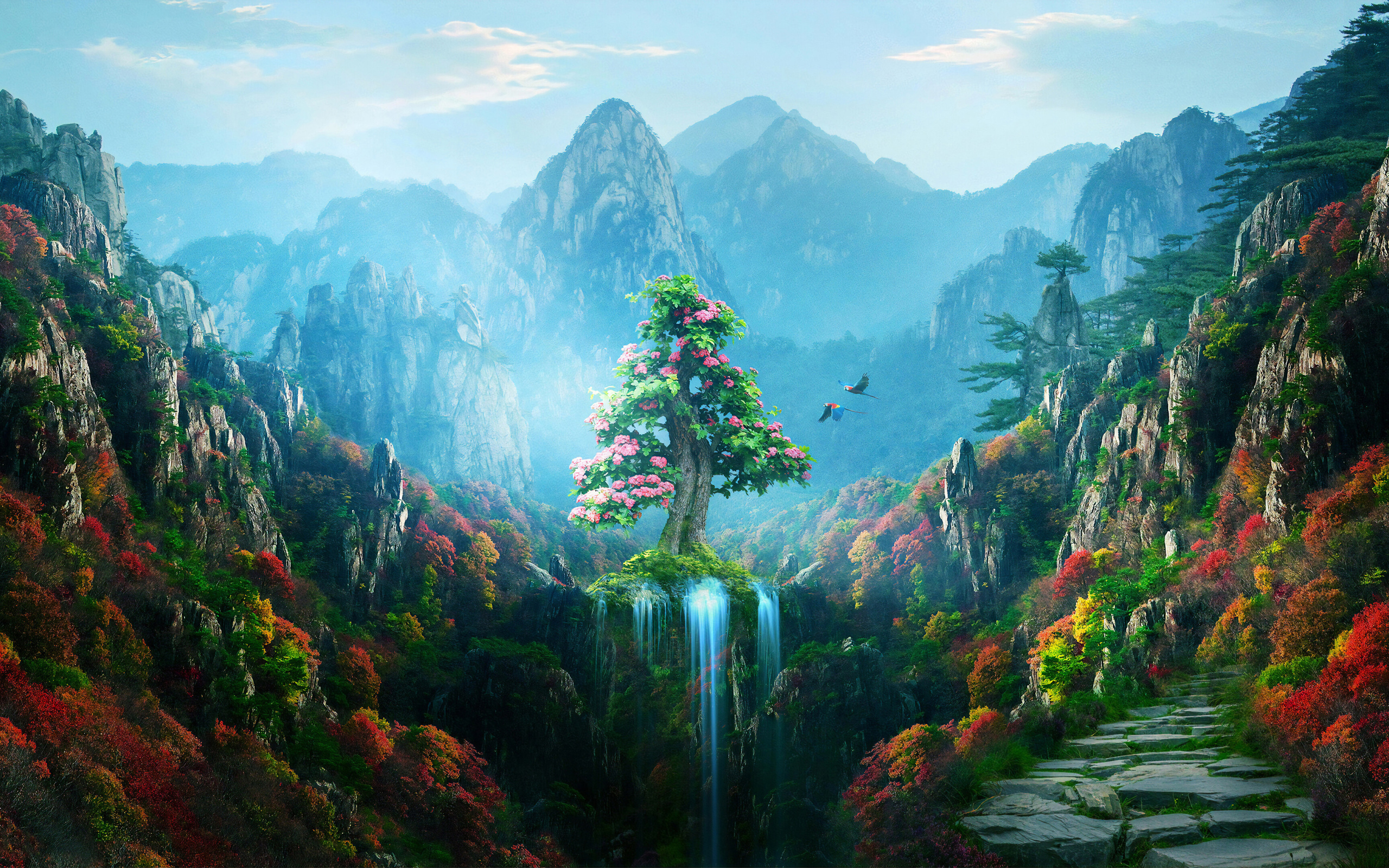 Красивый вид на фантастическое цветущее дерево в горах