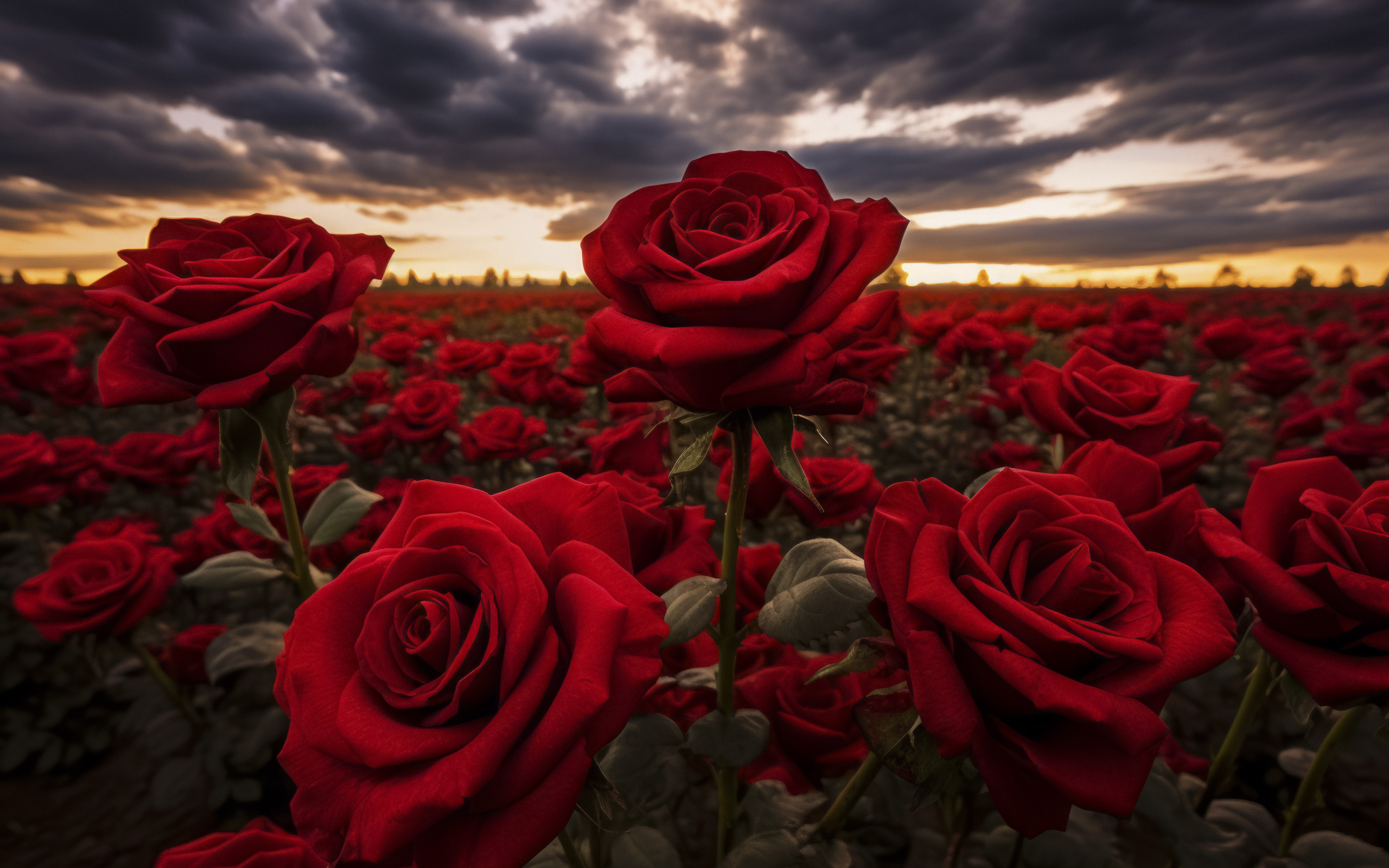 Красивые бордовые розы на поле под грозовым небом
