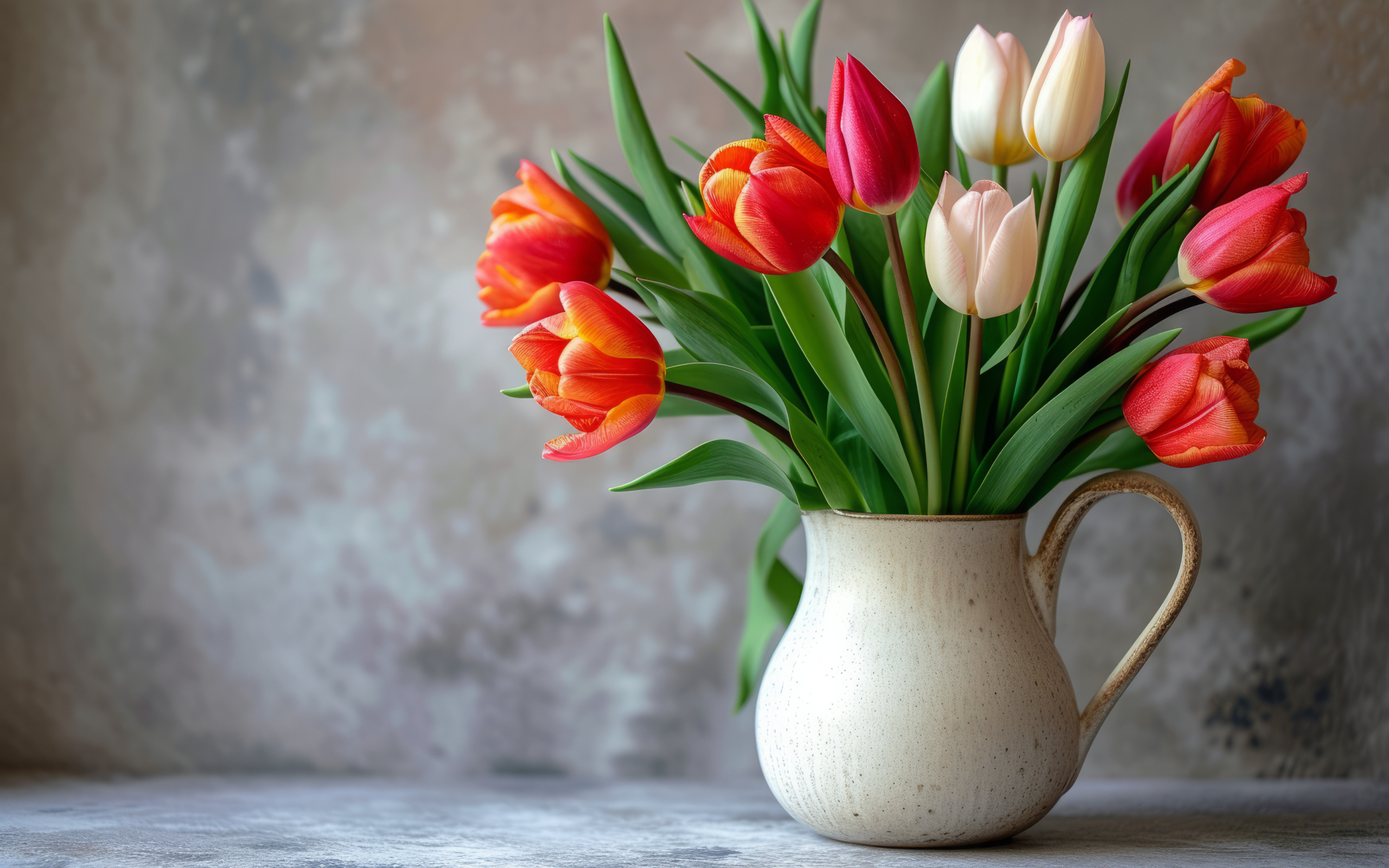 Букет разноцветных тюльпанов в вазе на фоне серой стены