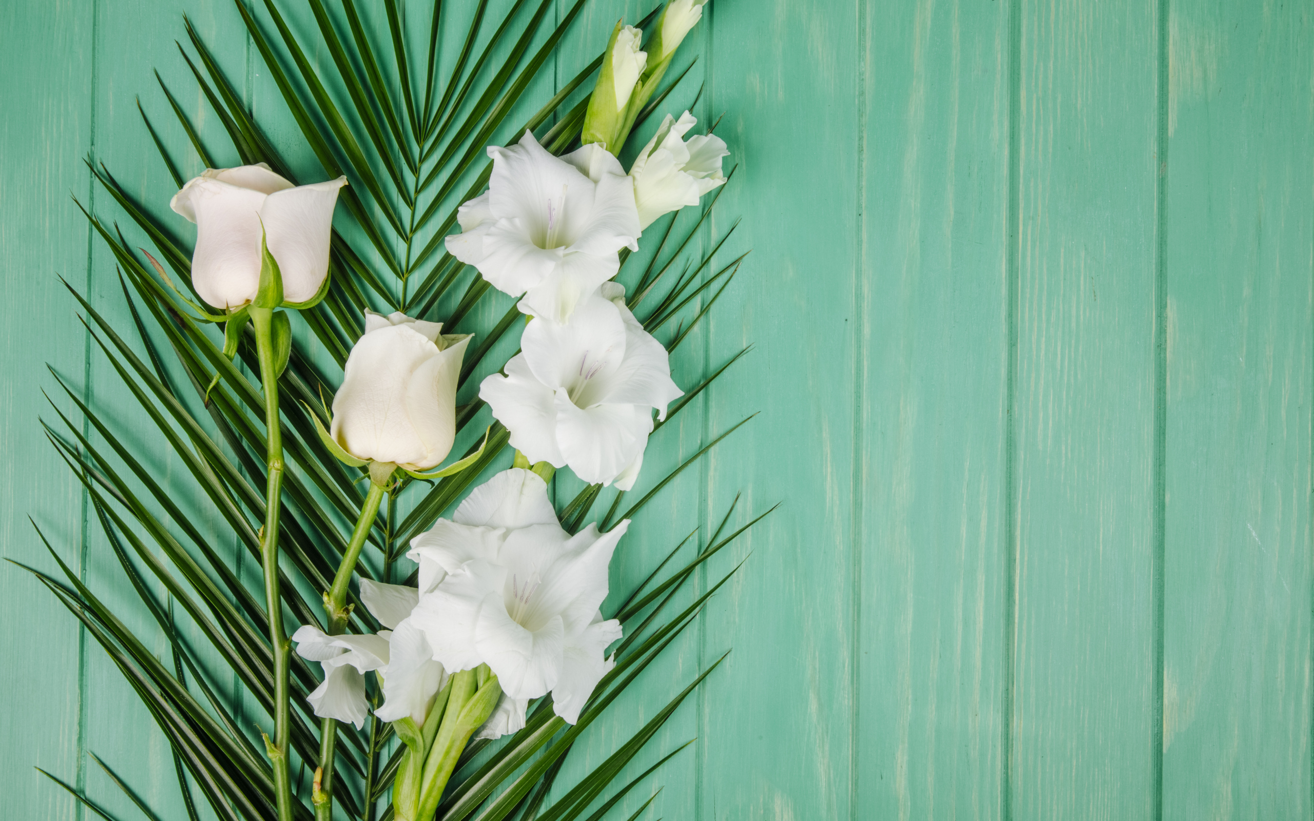 Нежные белые гладиолусы с розой на зеленом фоне