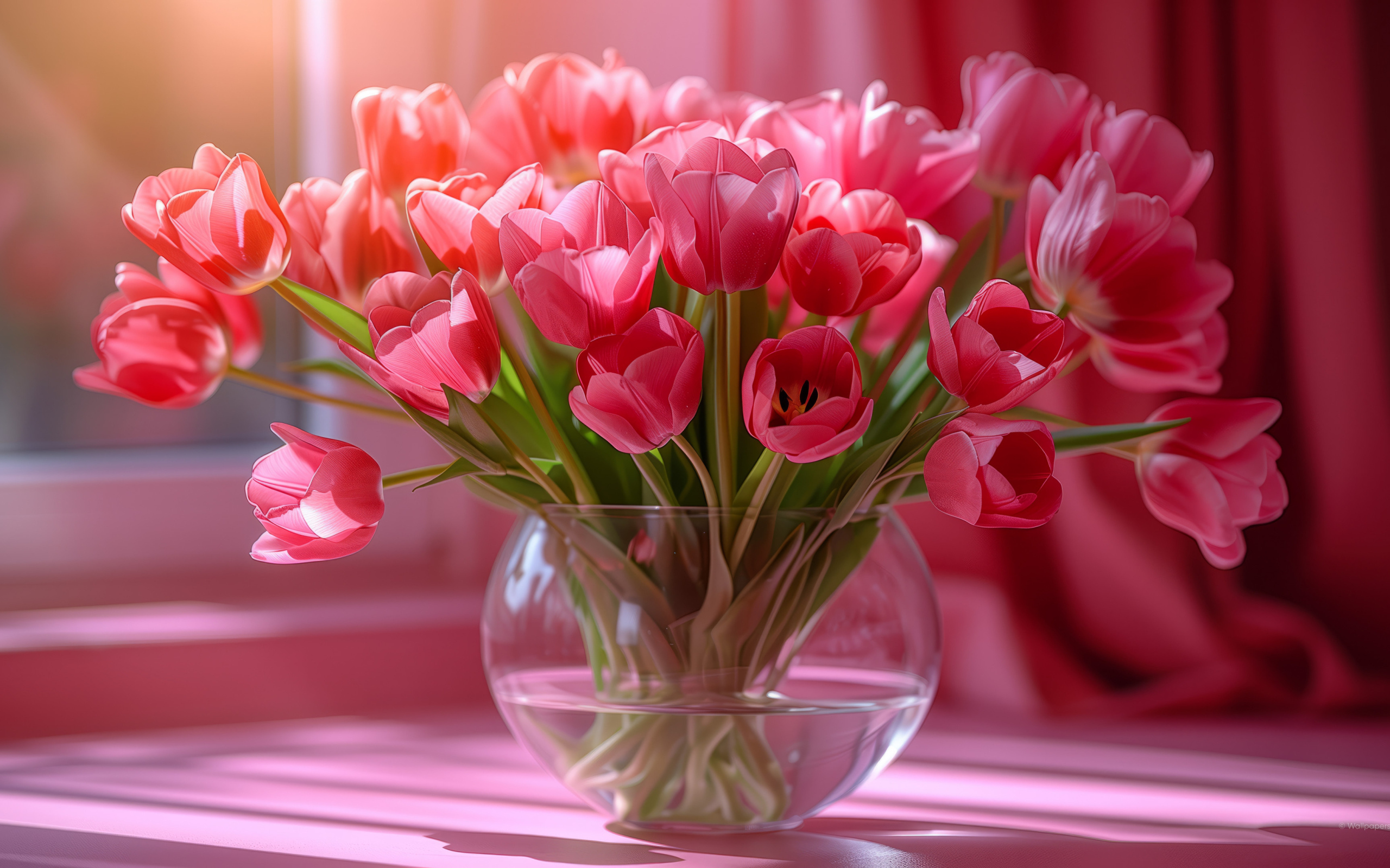 Большой букет розовых тюльпанов в стеклянной вазе