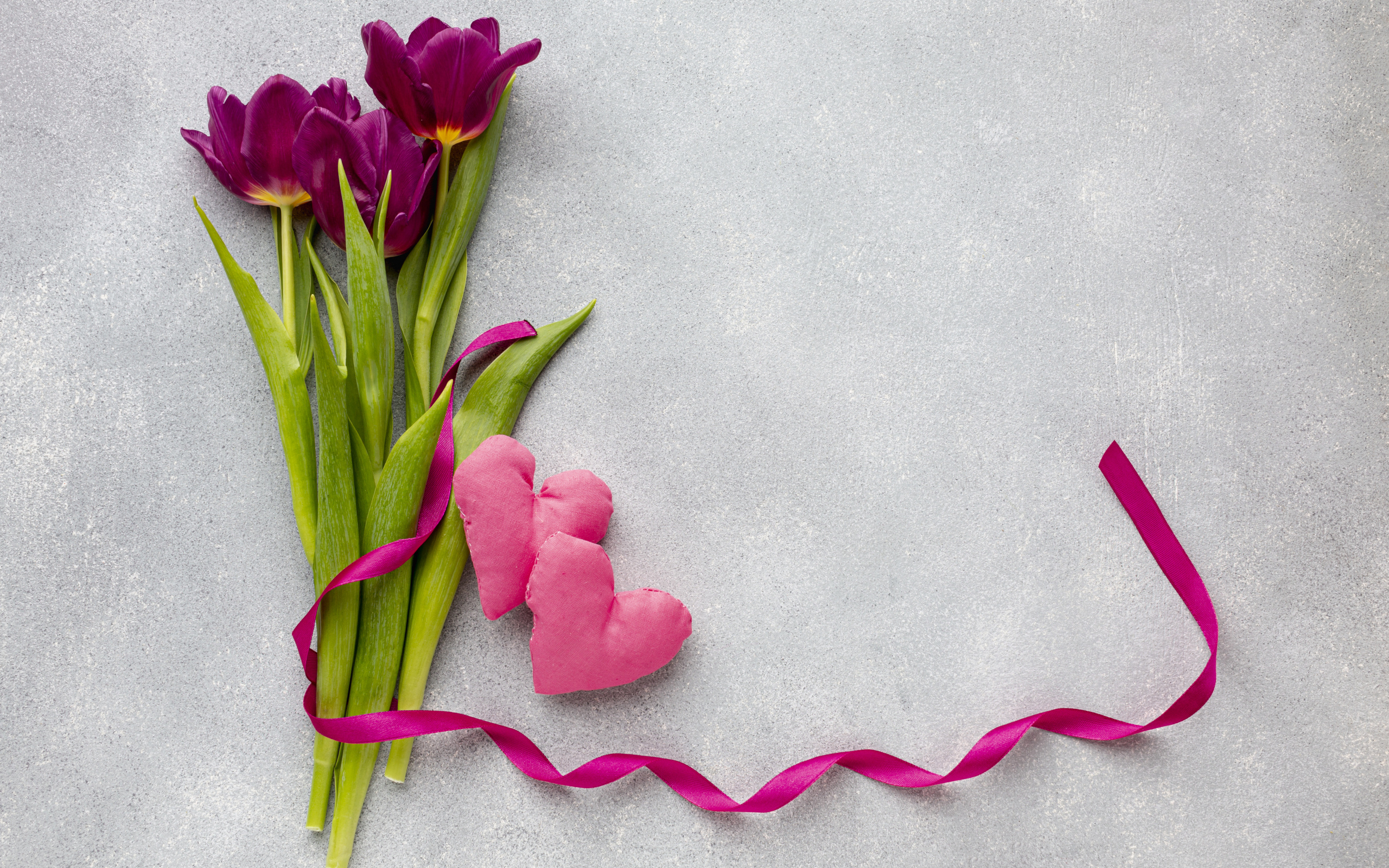 Три тюльпана, сердечко и лента на сером фоне