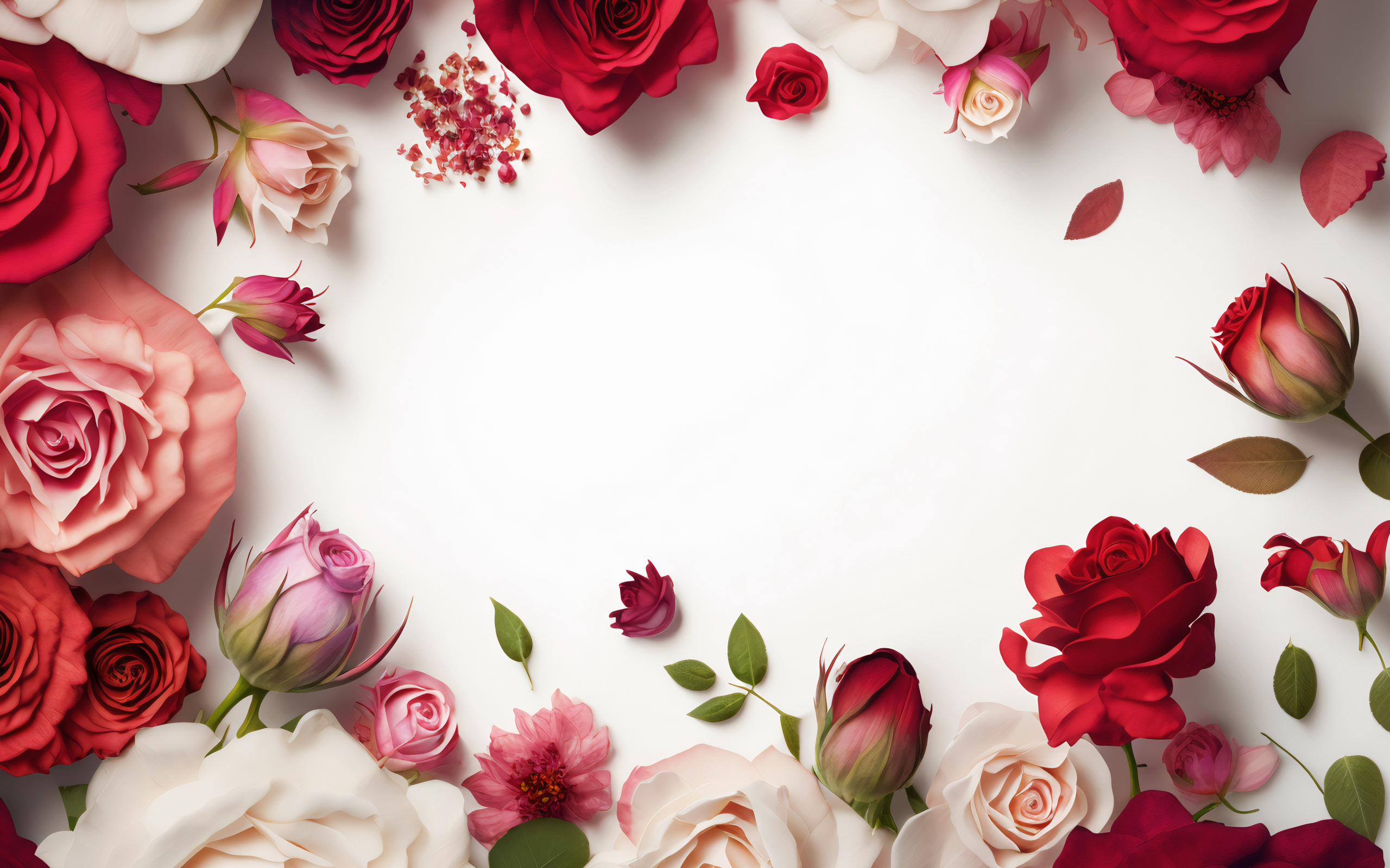 White background with picked rose flowers