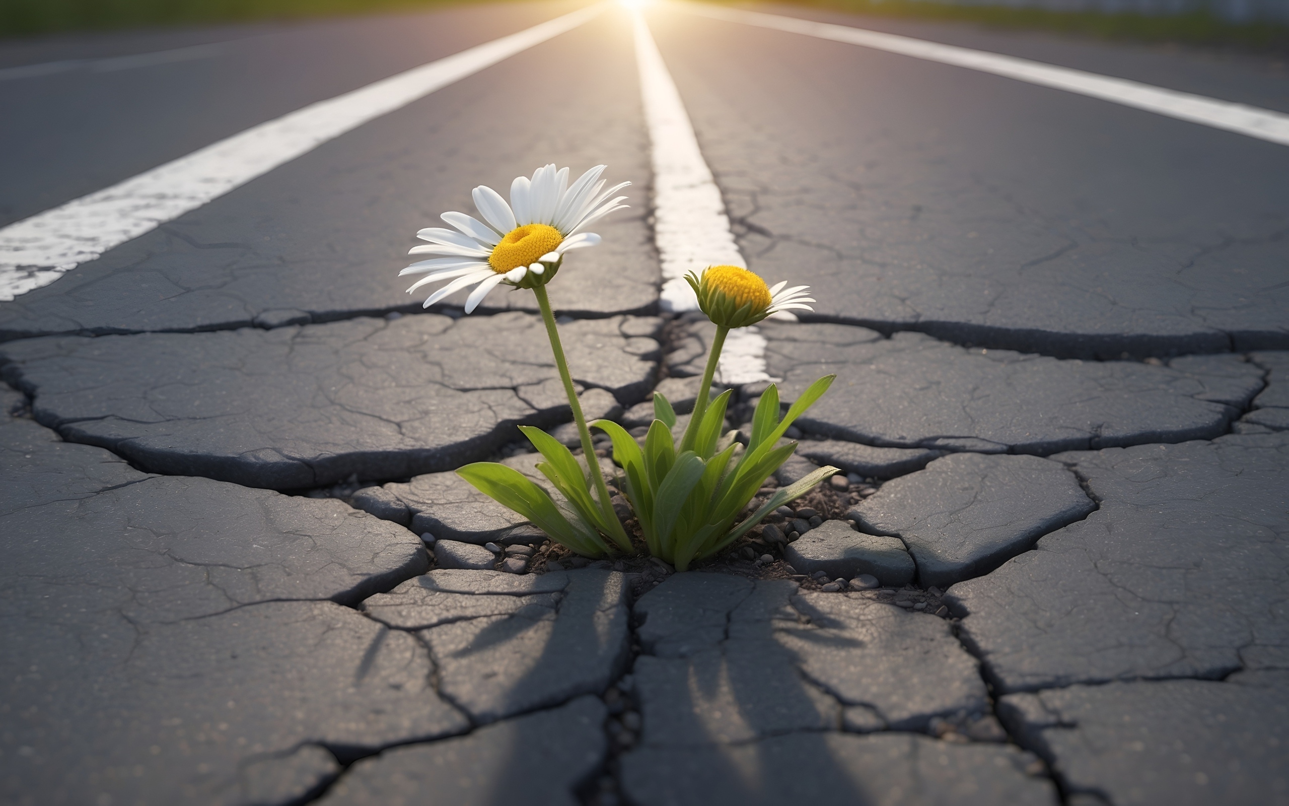 Белые цветы ромашки пробиваются на асфальте