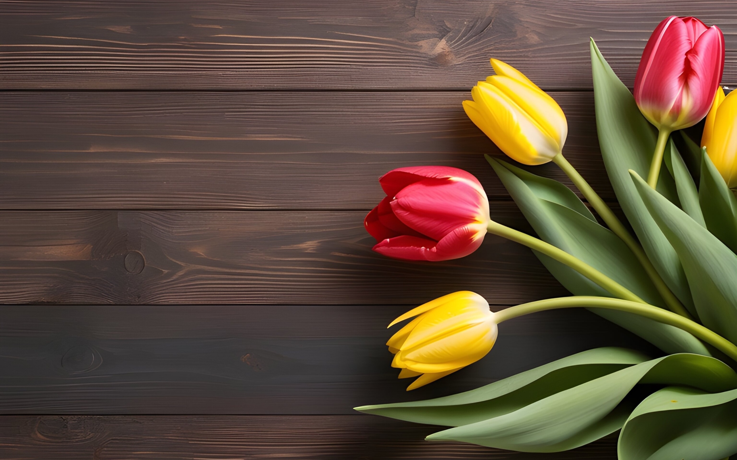 Желтые и розовые тюльпаны на деревянном столе