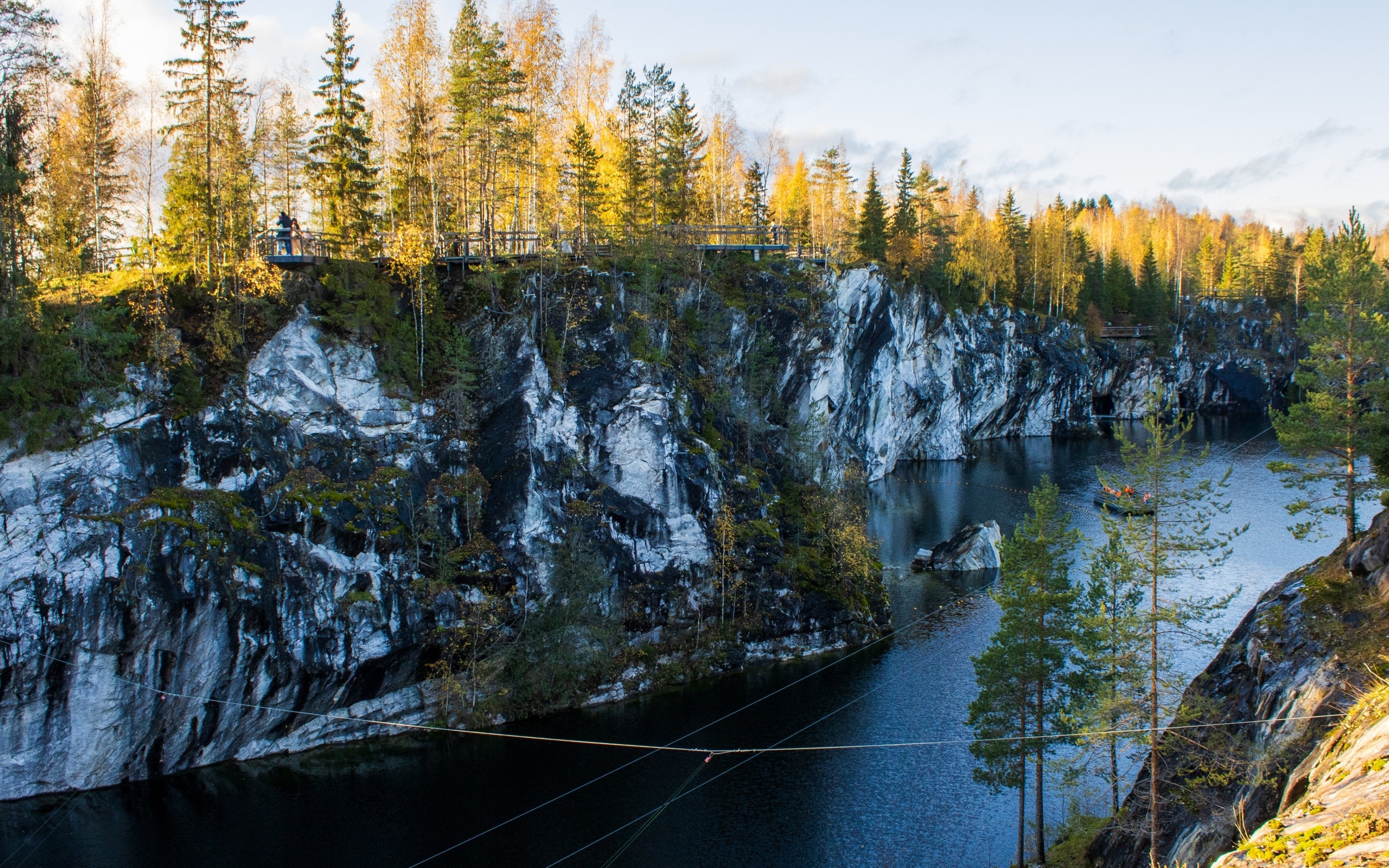 Вид на утес покрытый деревьями у воды