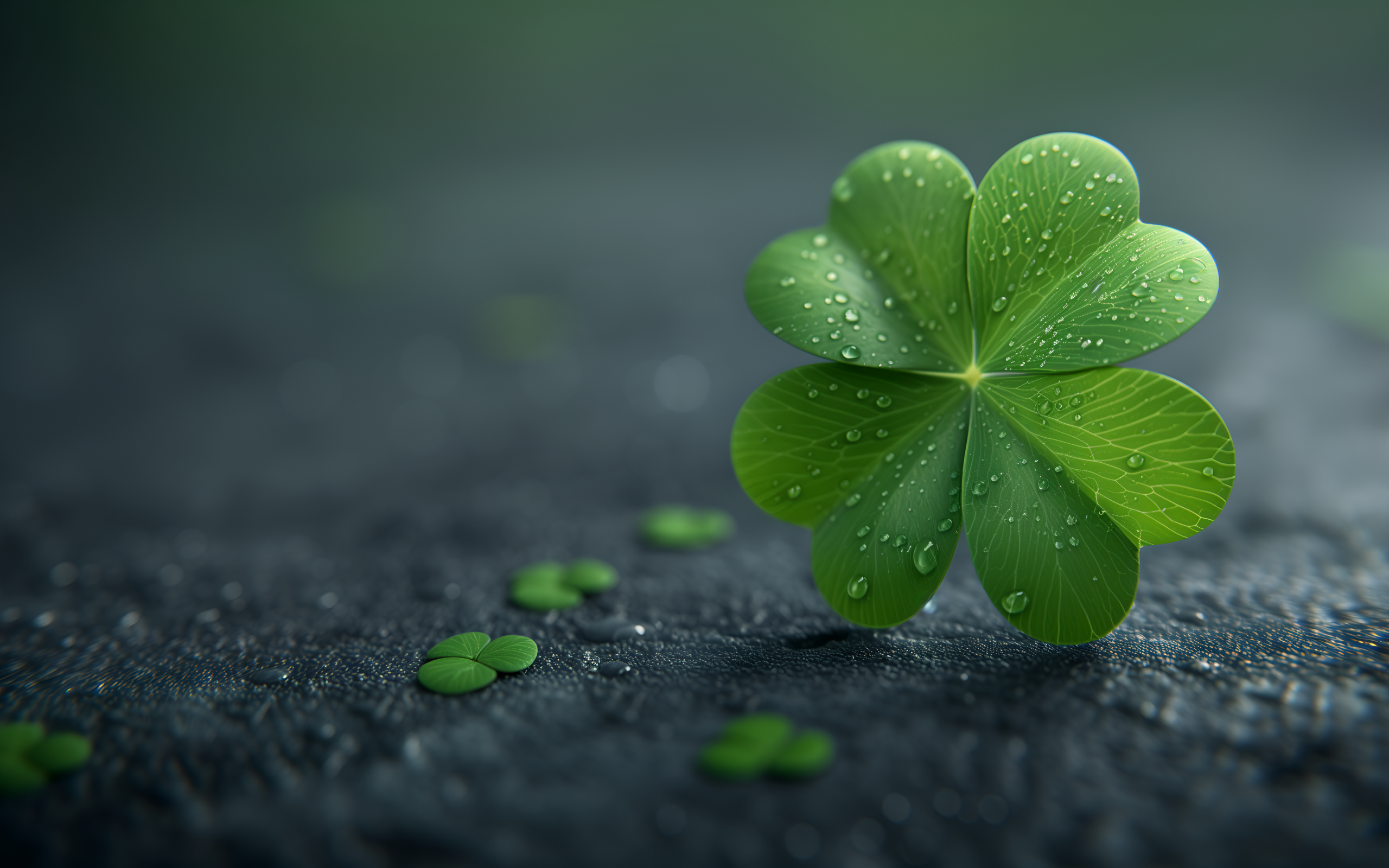 Зеленый лист клевера в каплях росы на асфальте