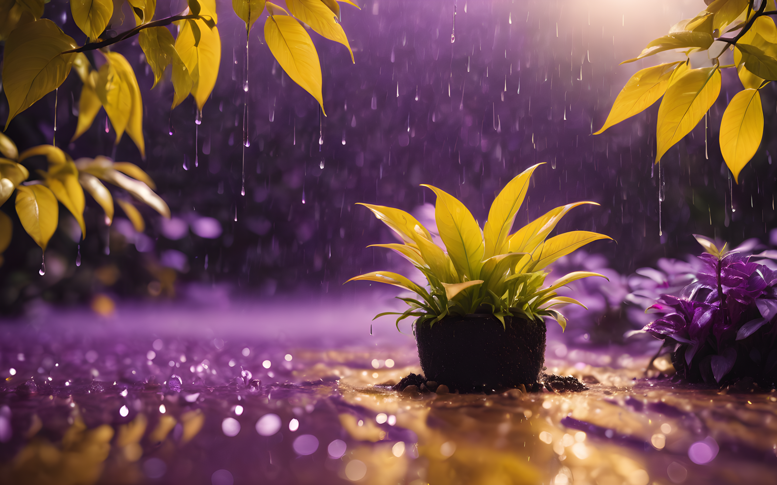 Зеленое растение стоит под дождем