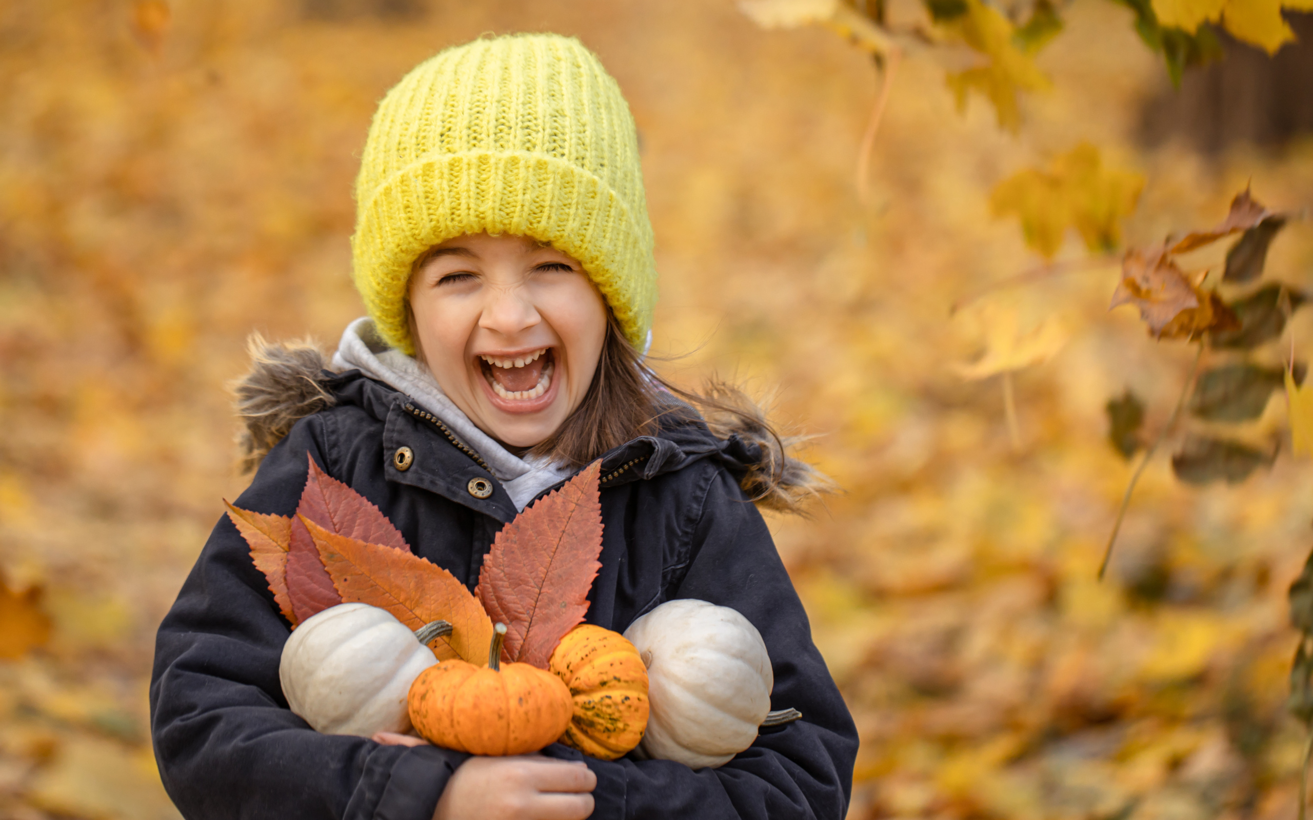Веселая девочка с тыквами и листьями в руках осенью