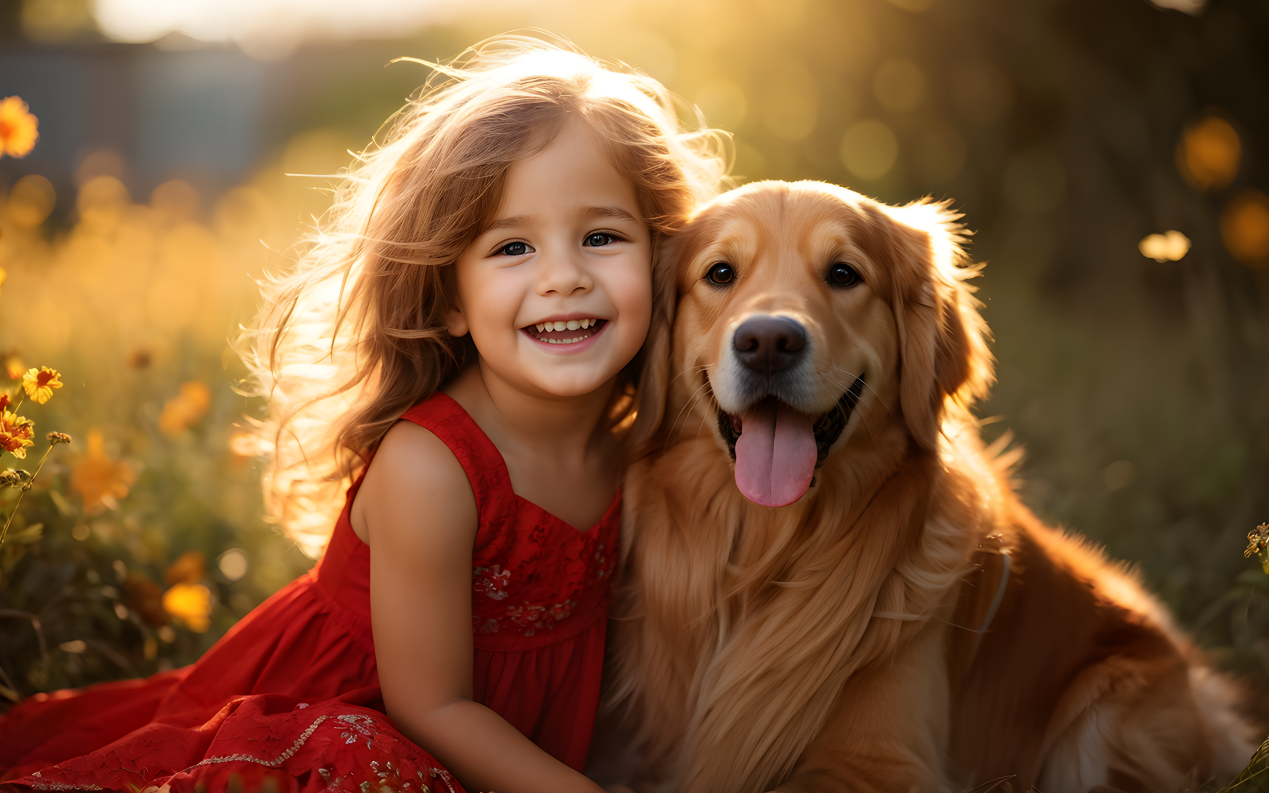 Маленькая улыбающаяся девочка с золотистым ретривером