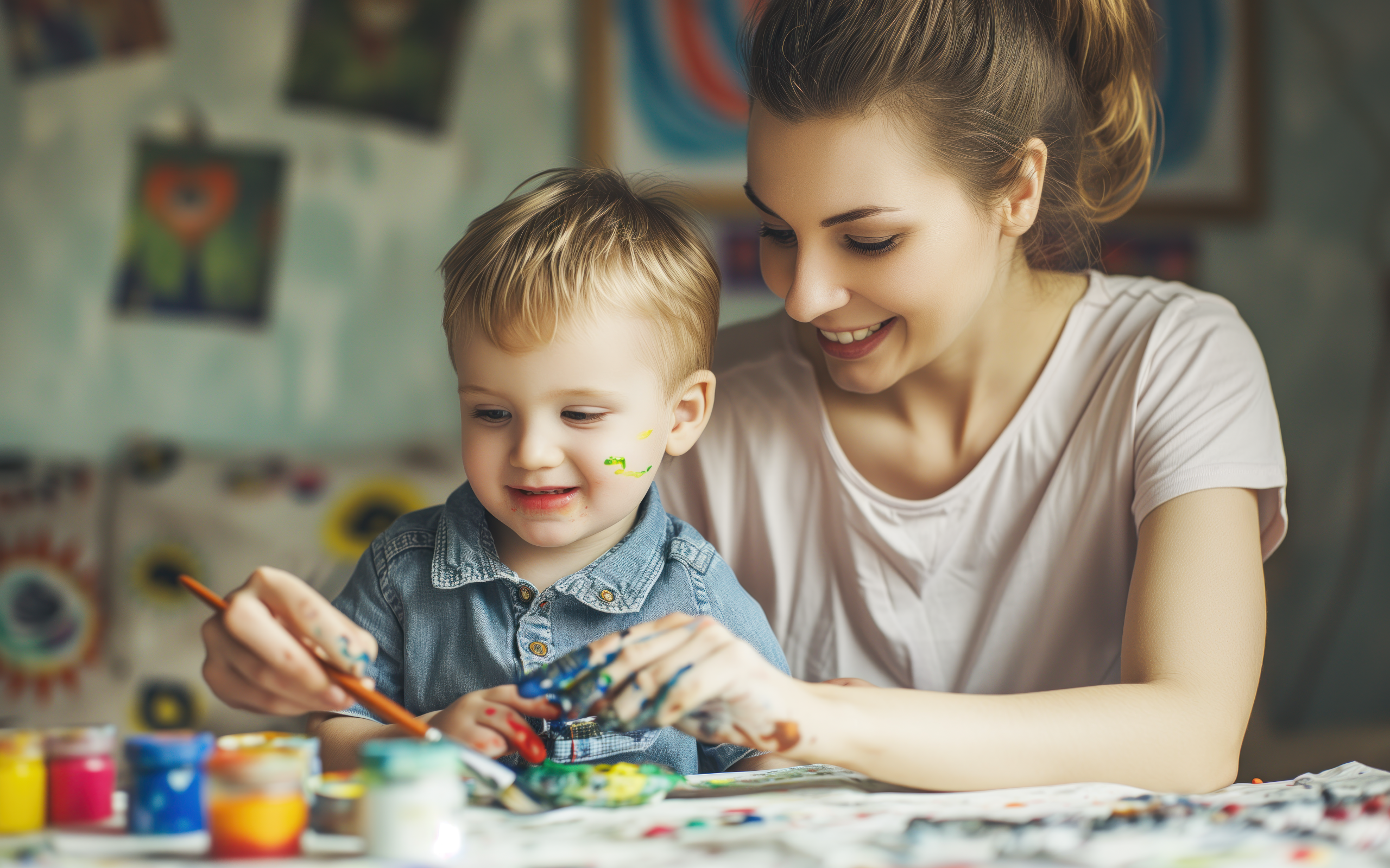 Мама рисует красками с сыном