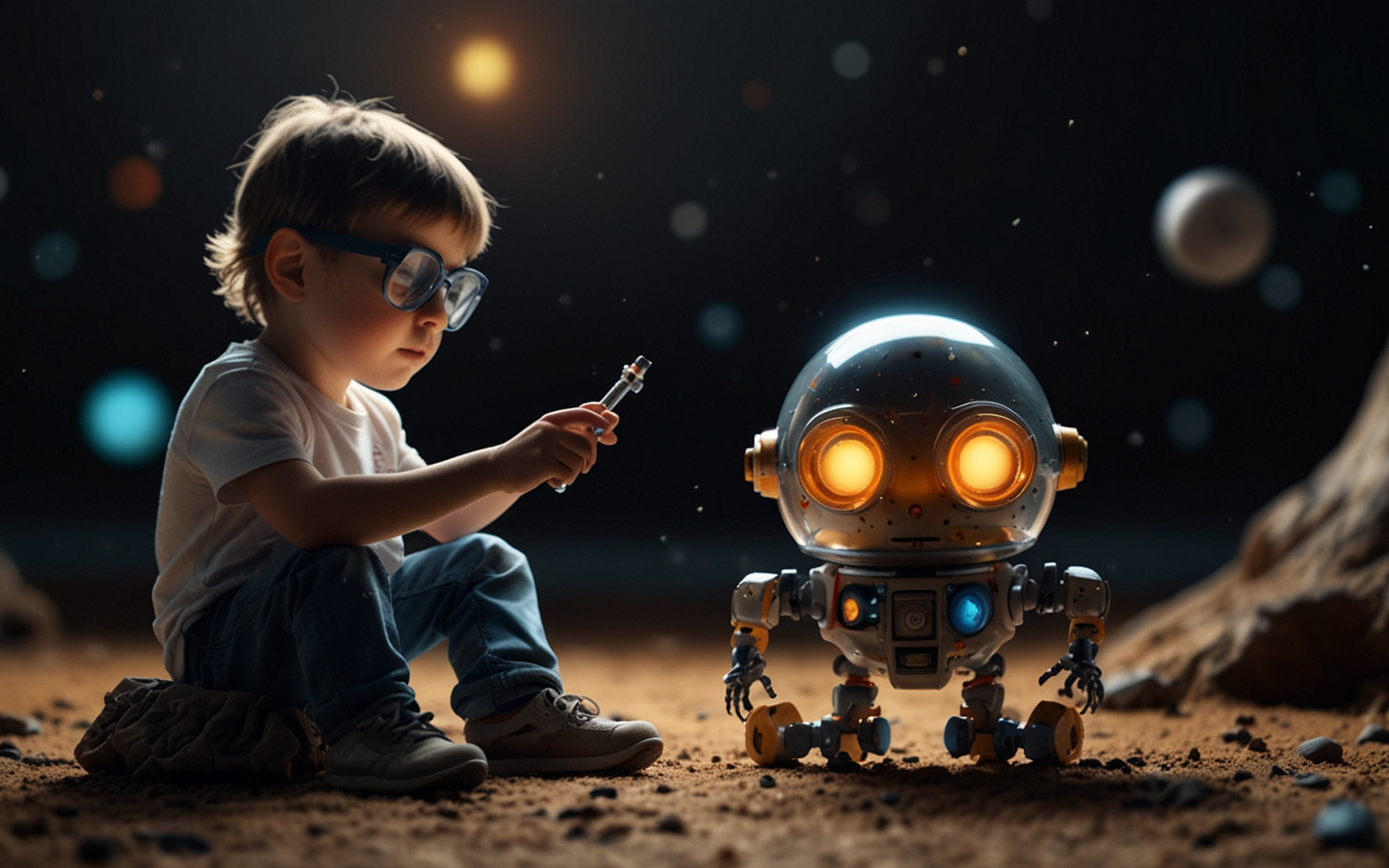 Мальчик ученый с роботом 