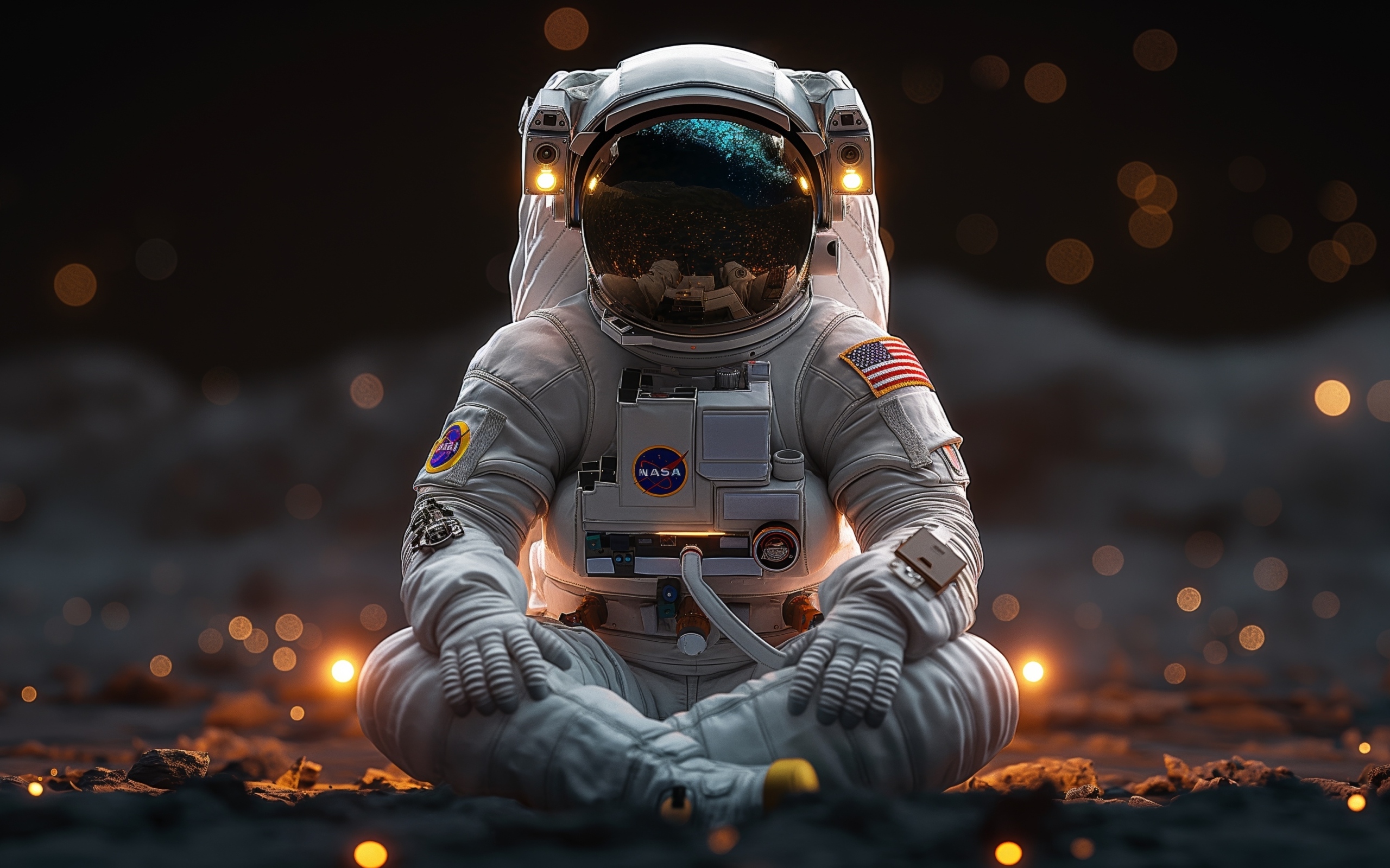 Астронавт сидит в позе для медитации на поверхности планеты