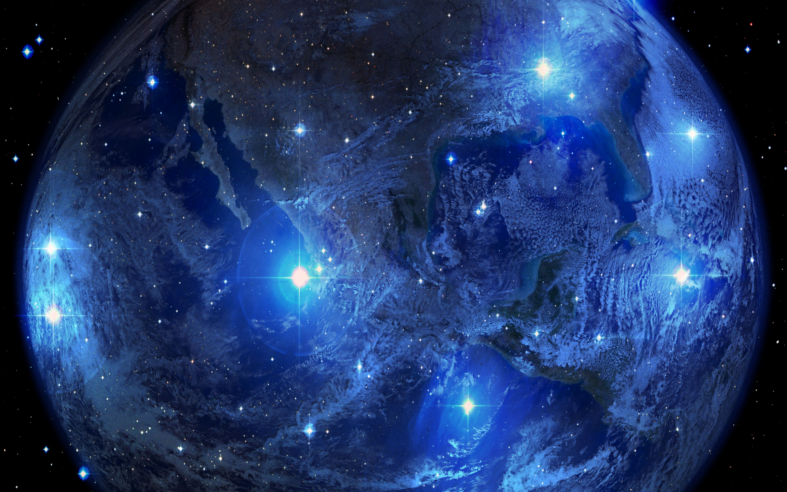 Яркие вспышки на планете Земля в голубом космосе