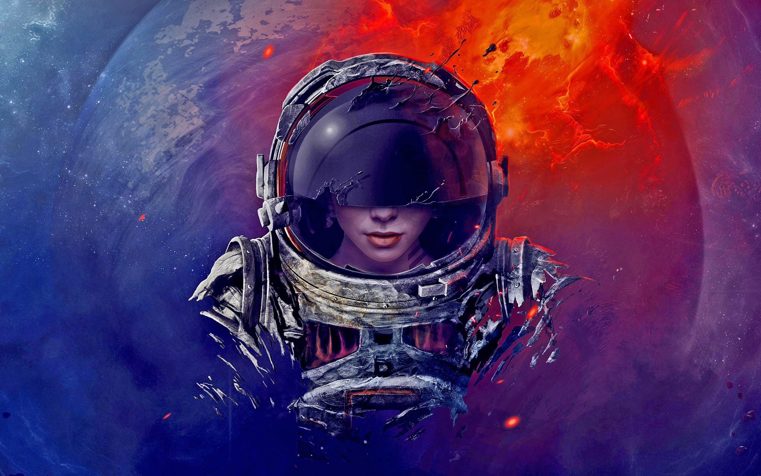 Девушка астронавт в скафандре на фоне планеты
