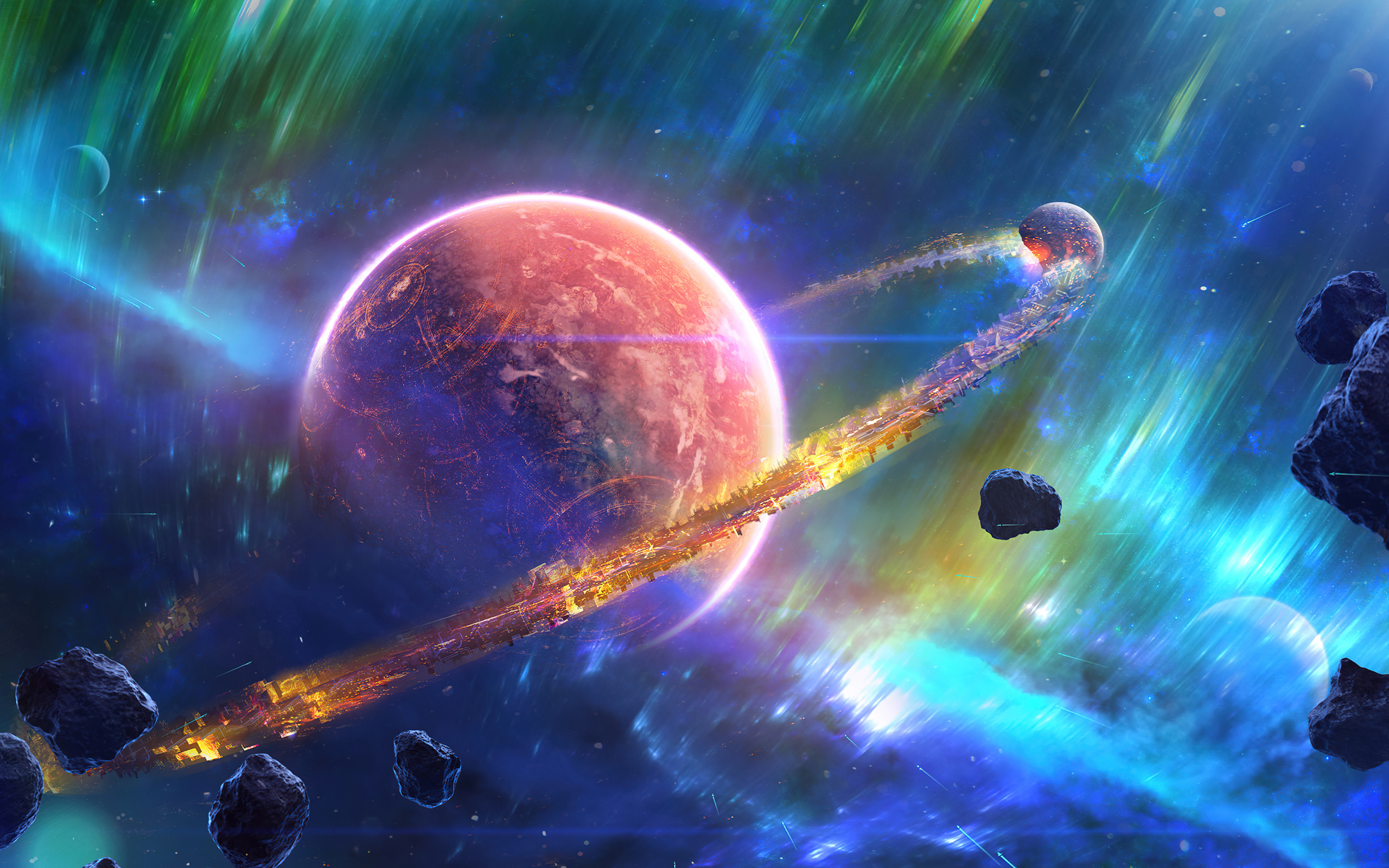 Большая планета с кольцами в космосе с астероидами