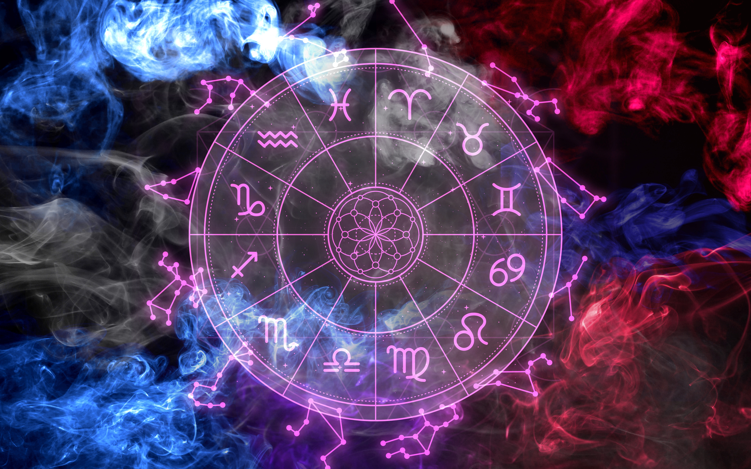 Круг со знаками зодиака на фоне разноцветного дыма