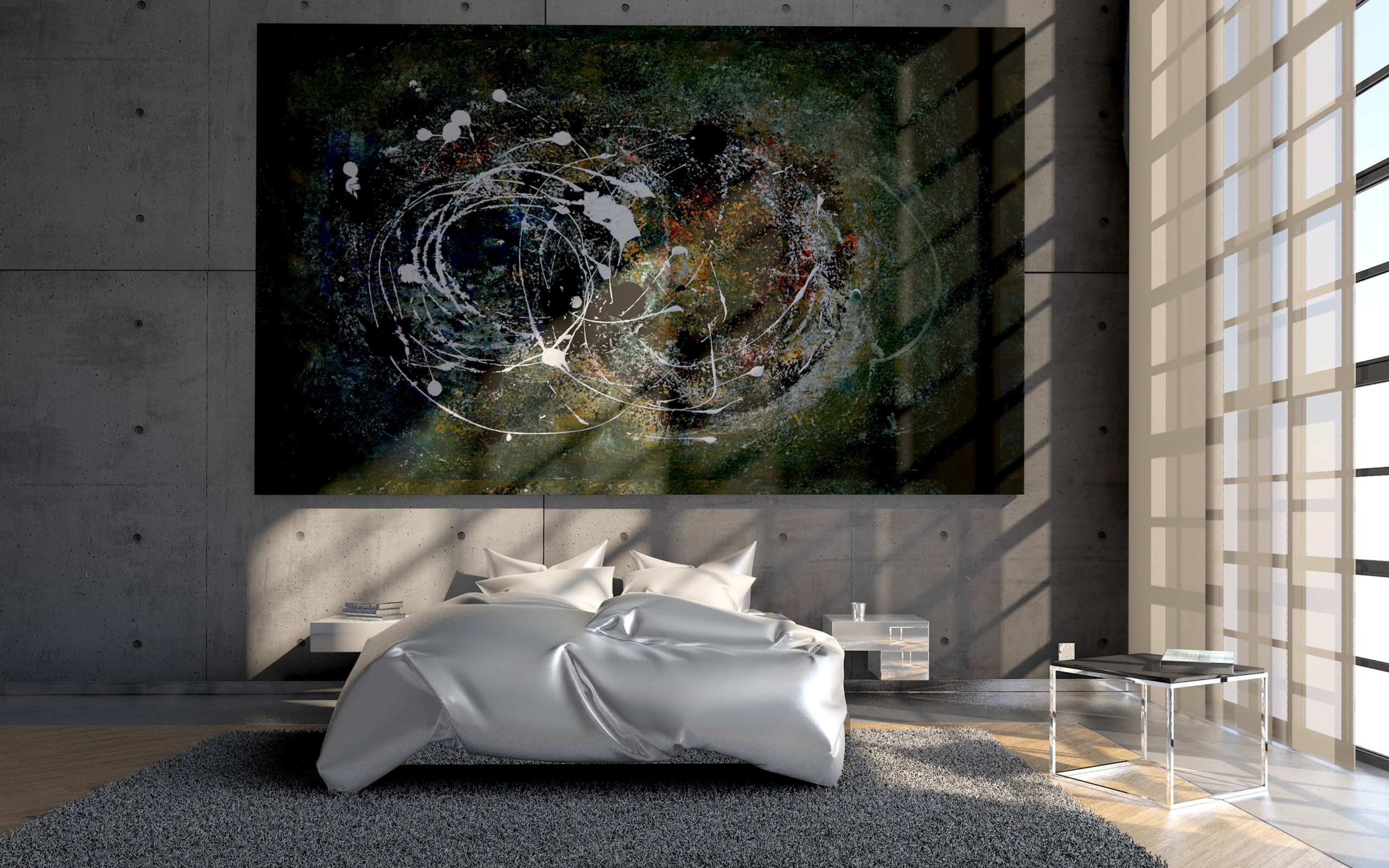 Абстрактная картина на стене в спальне с большим окном