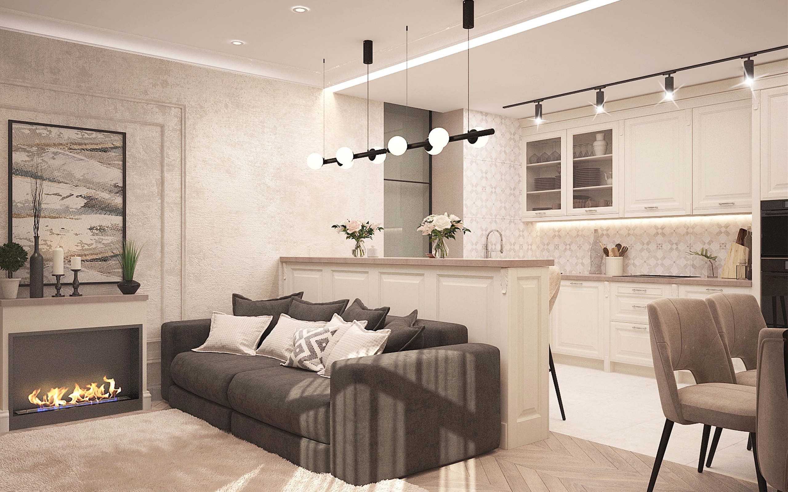 Светлая гостиная с камином и кухней