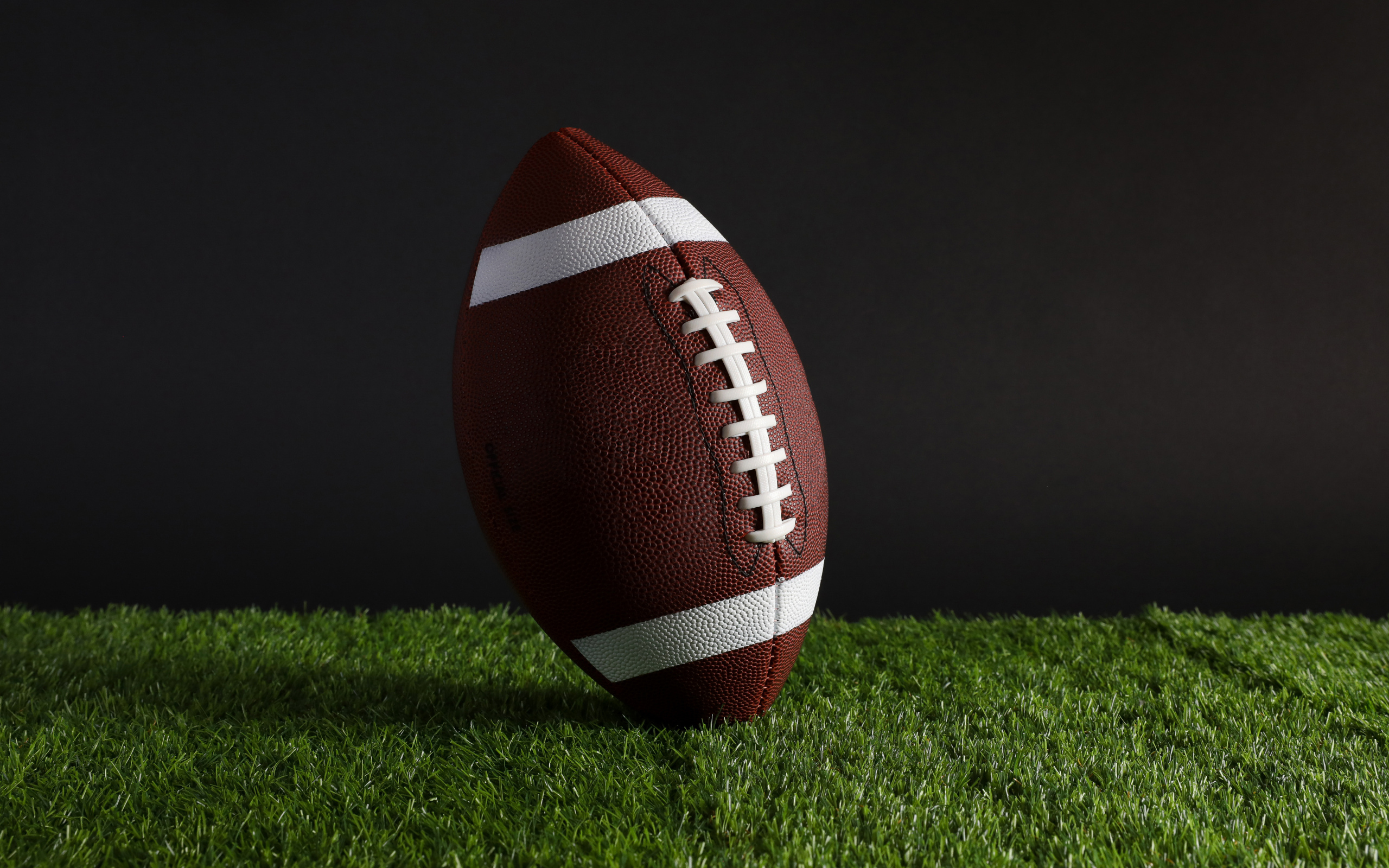 Новый кожаный мяч для американского футбола на траве