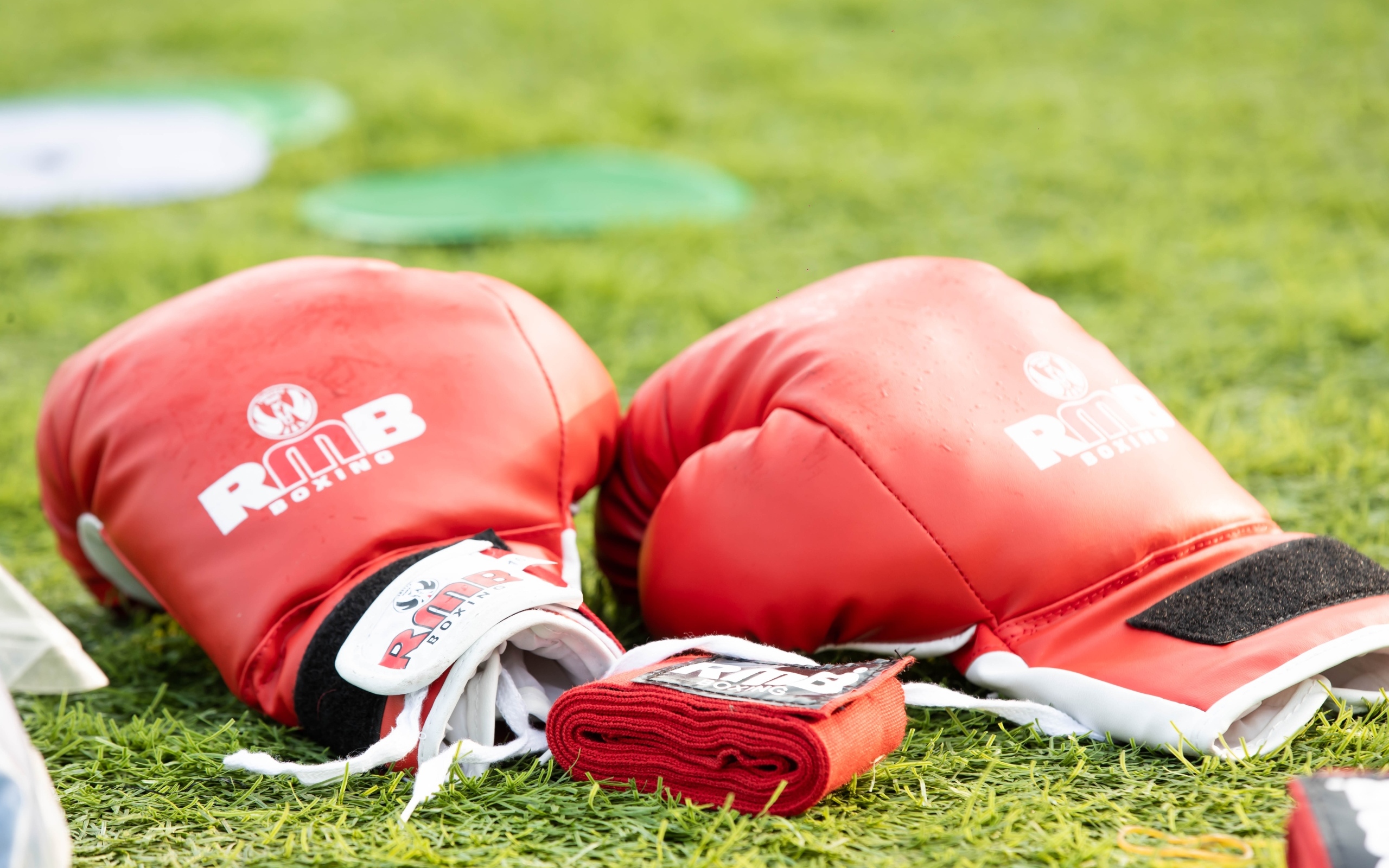 Красные боксерские перчатки лежат на зеленой траве 