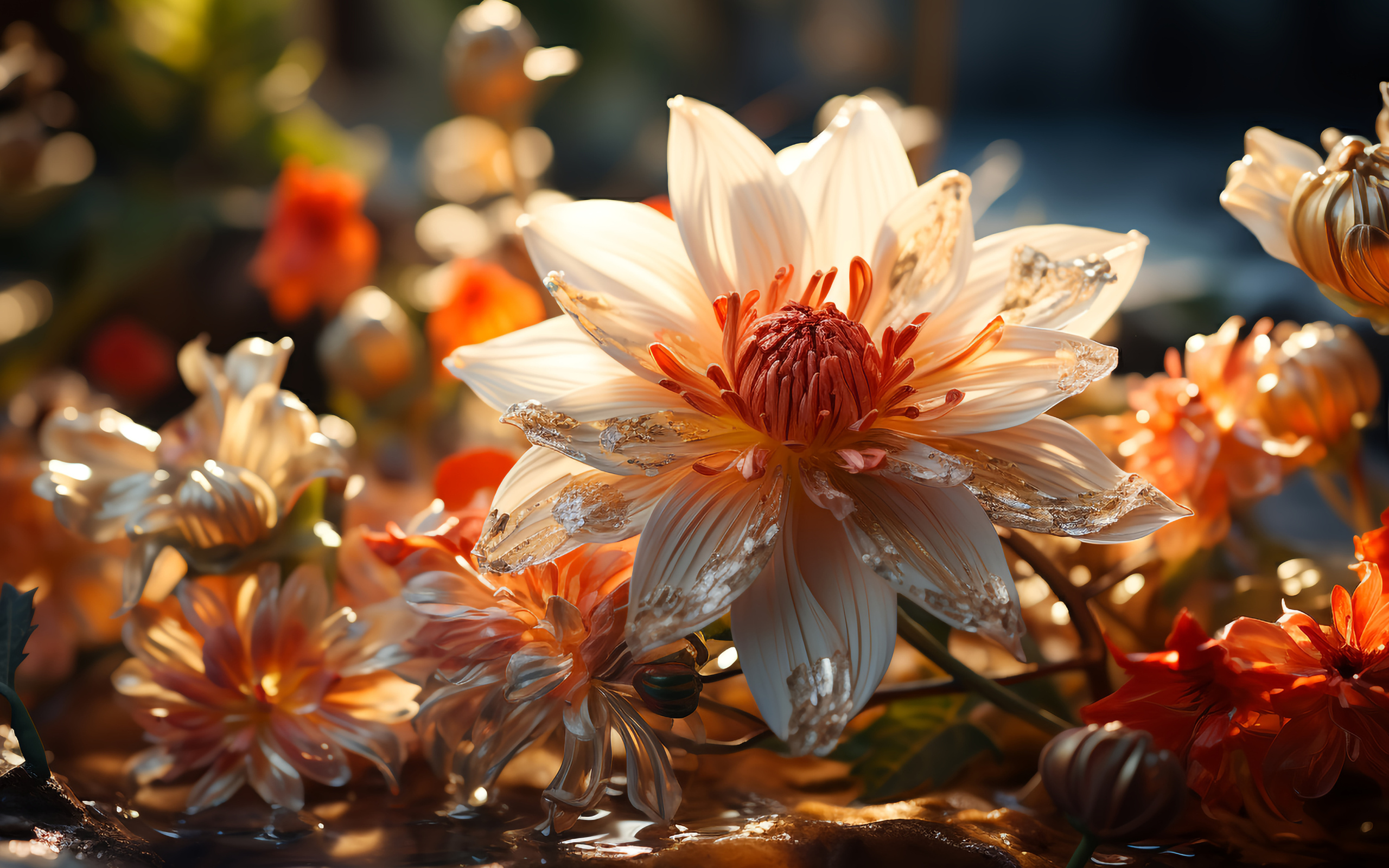 Распустившийся необычный цветок в воде с бутонами