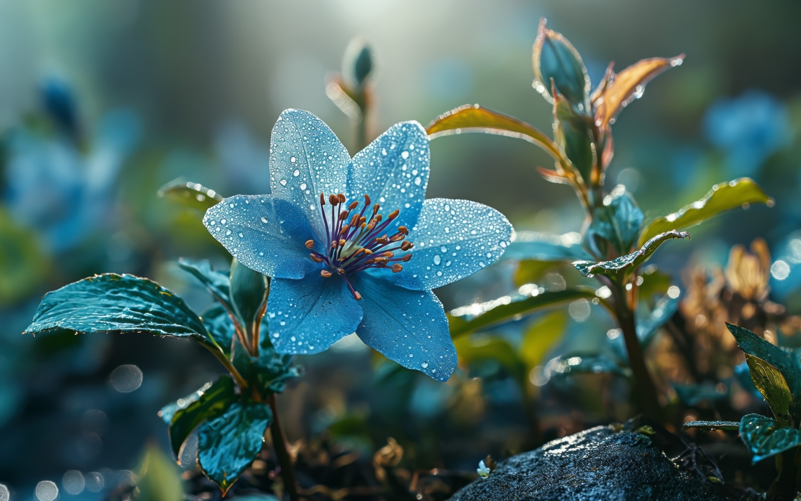 Синий цветок с бутонами в каплях росы