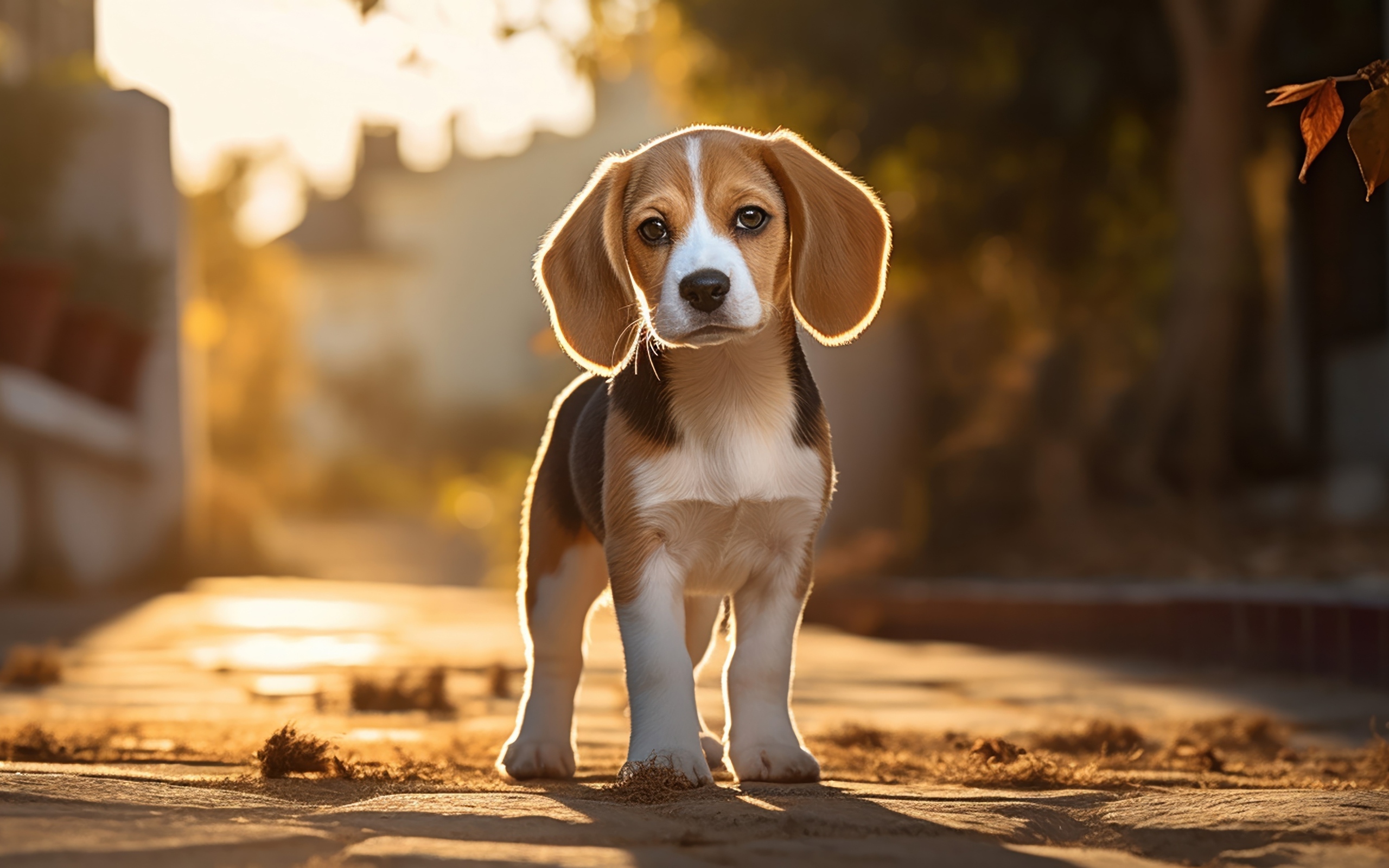 Щенок бигля стоит на дороге