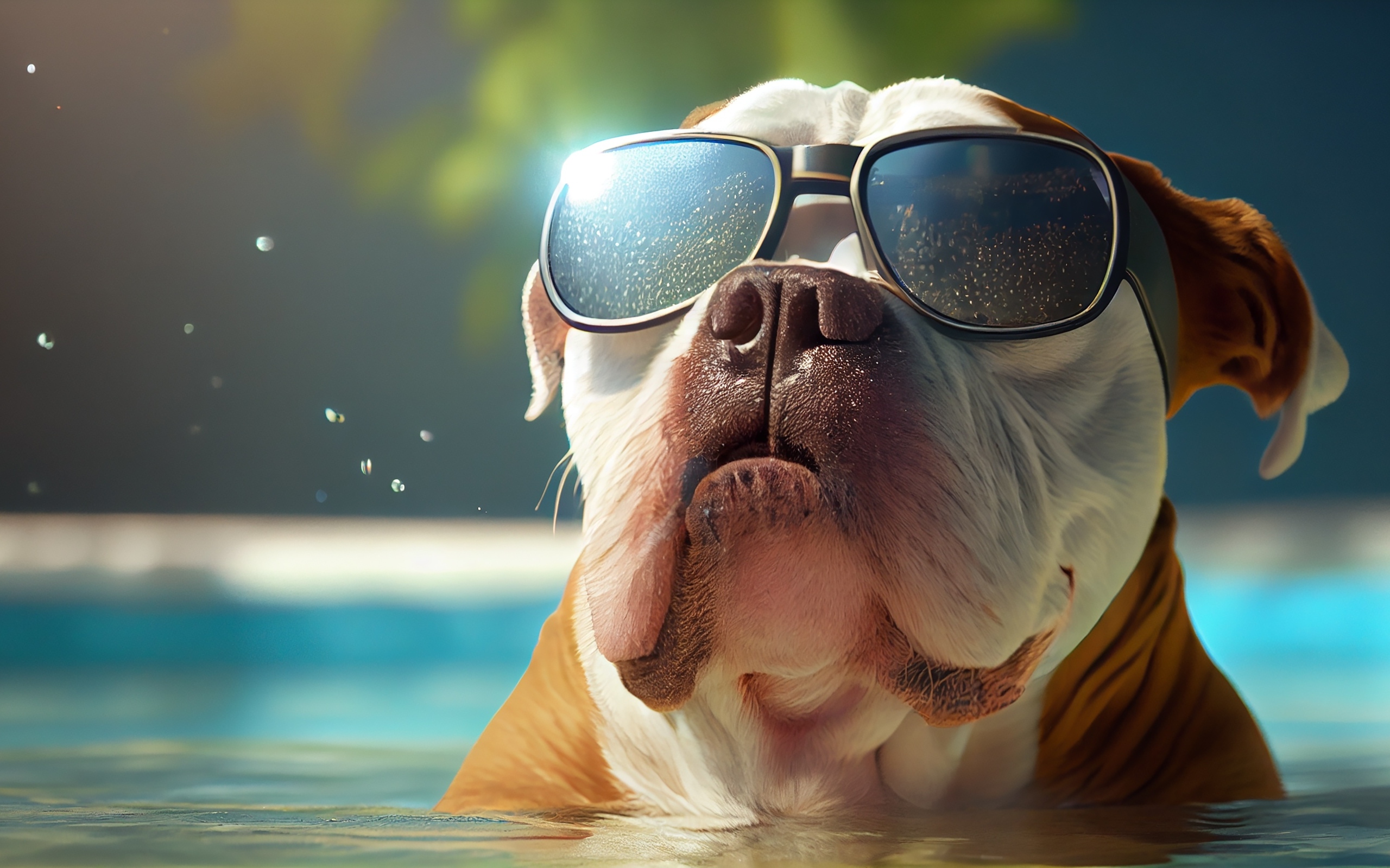 Бульдог в очках сидит в воде