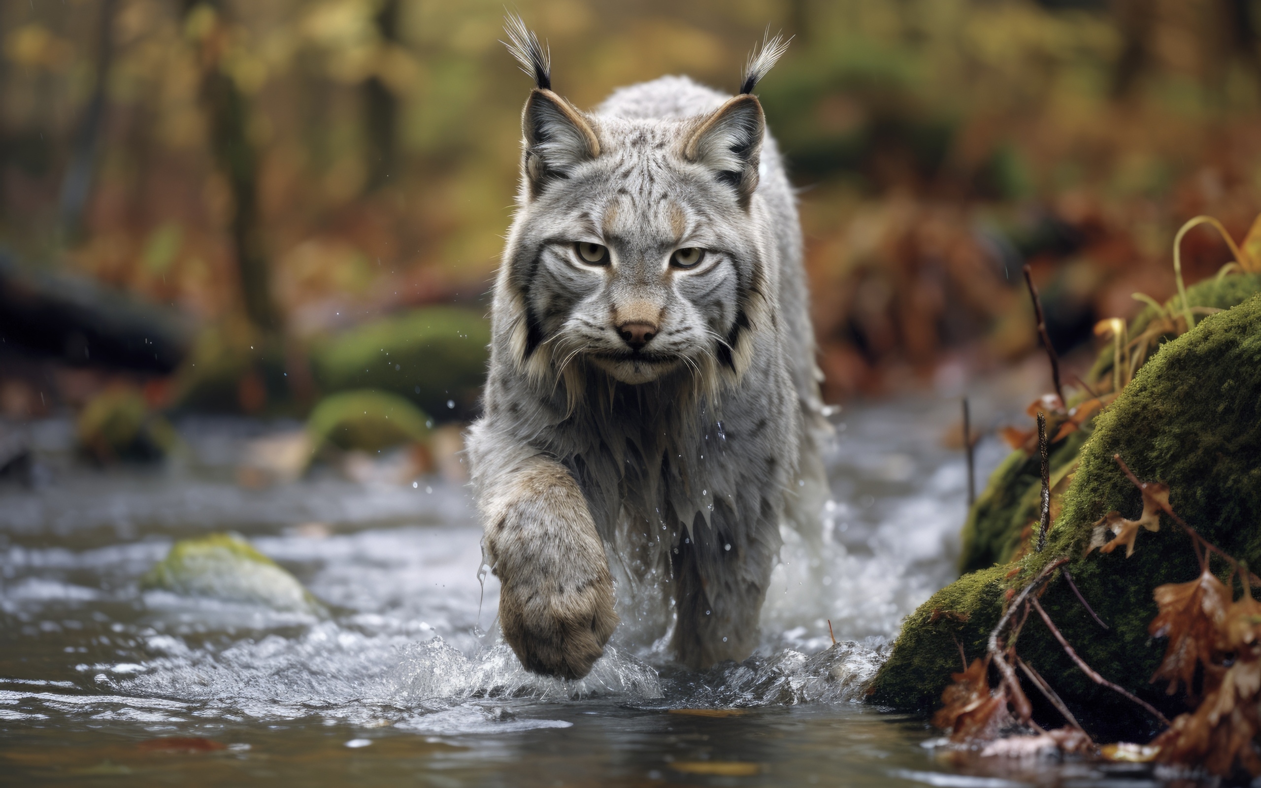 Большая хищная рысь идет по воде