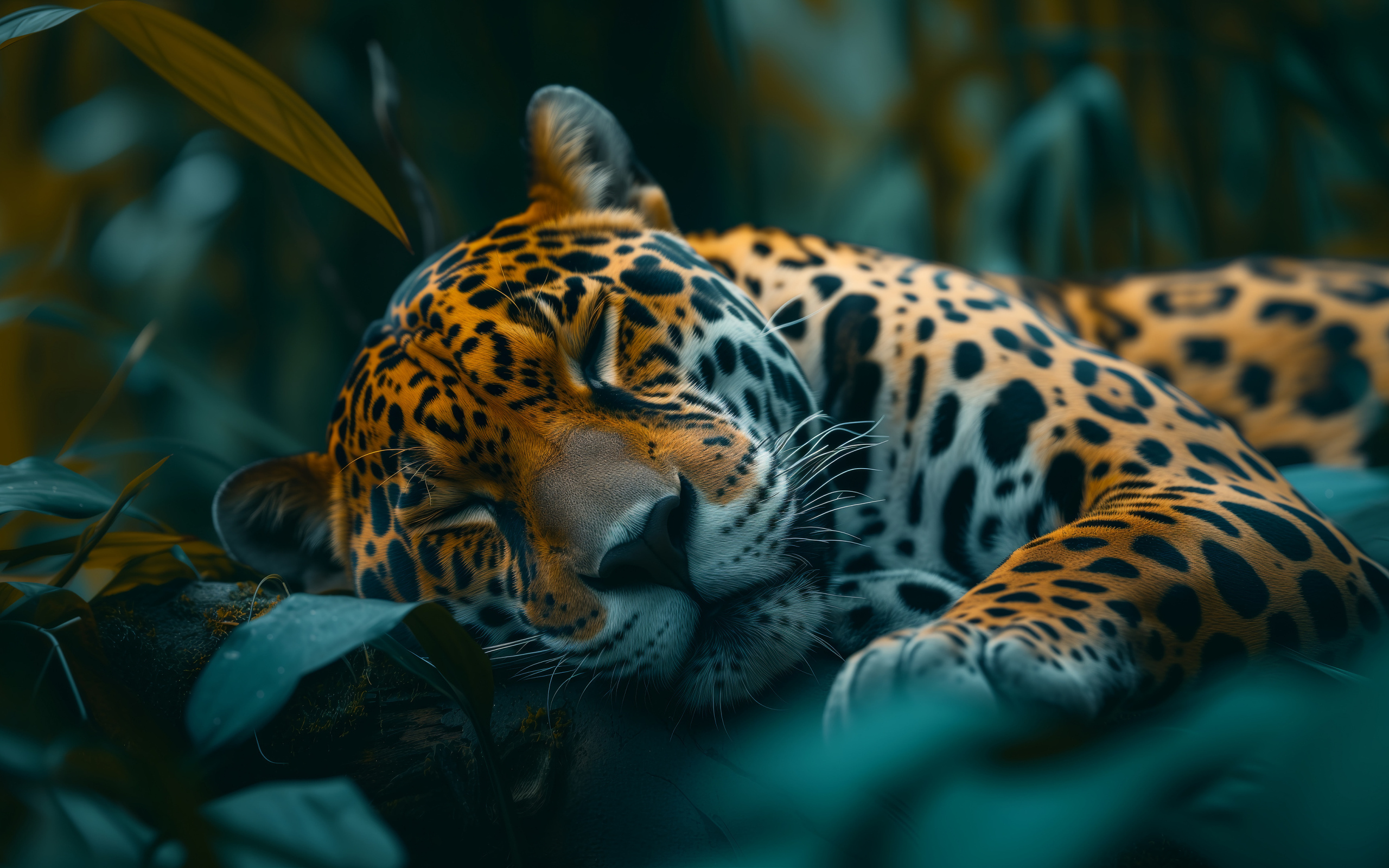 Большой пятнистый леопард спит на земле