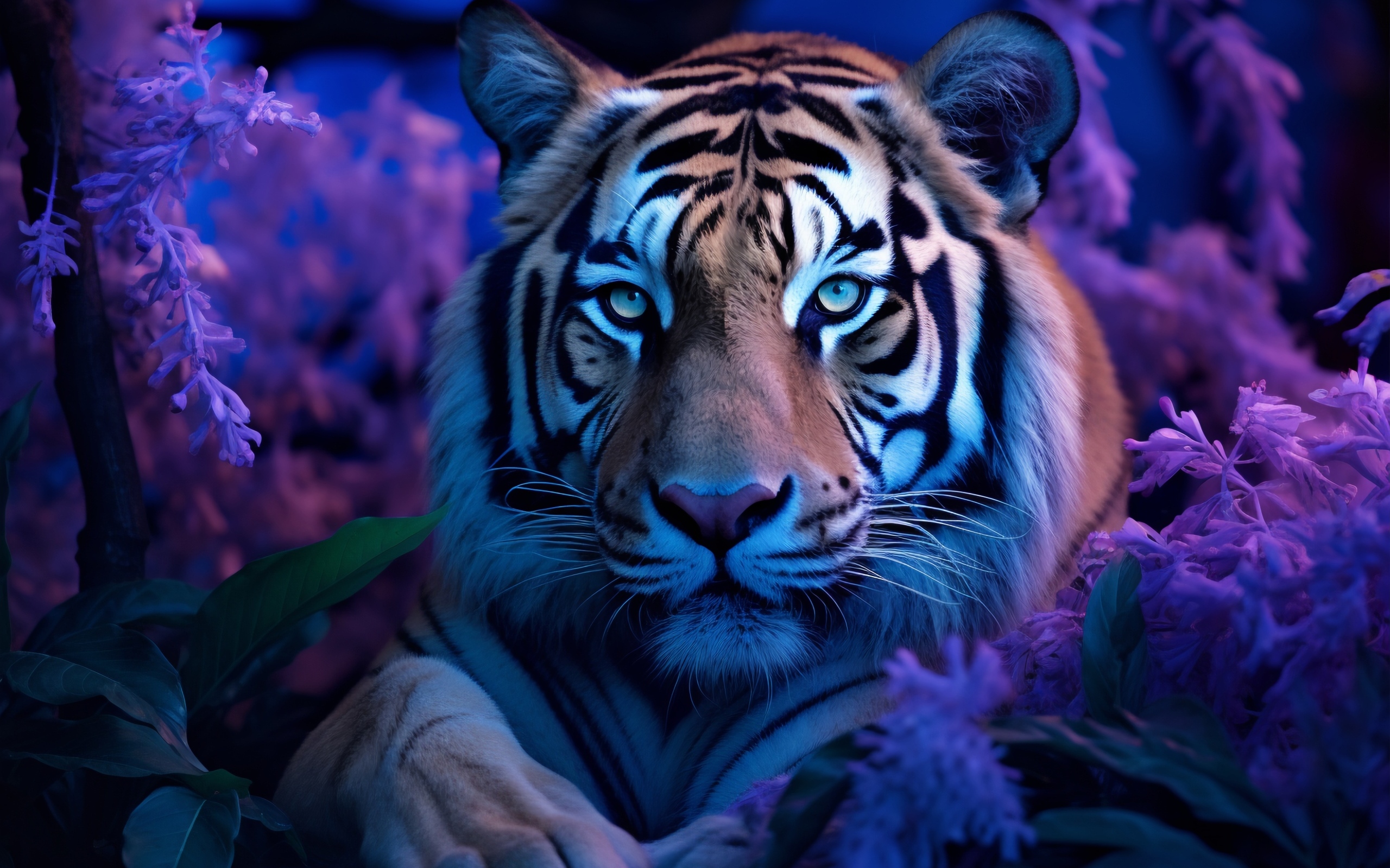 Большой полосатый тигр в цветах