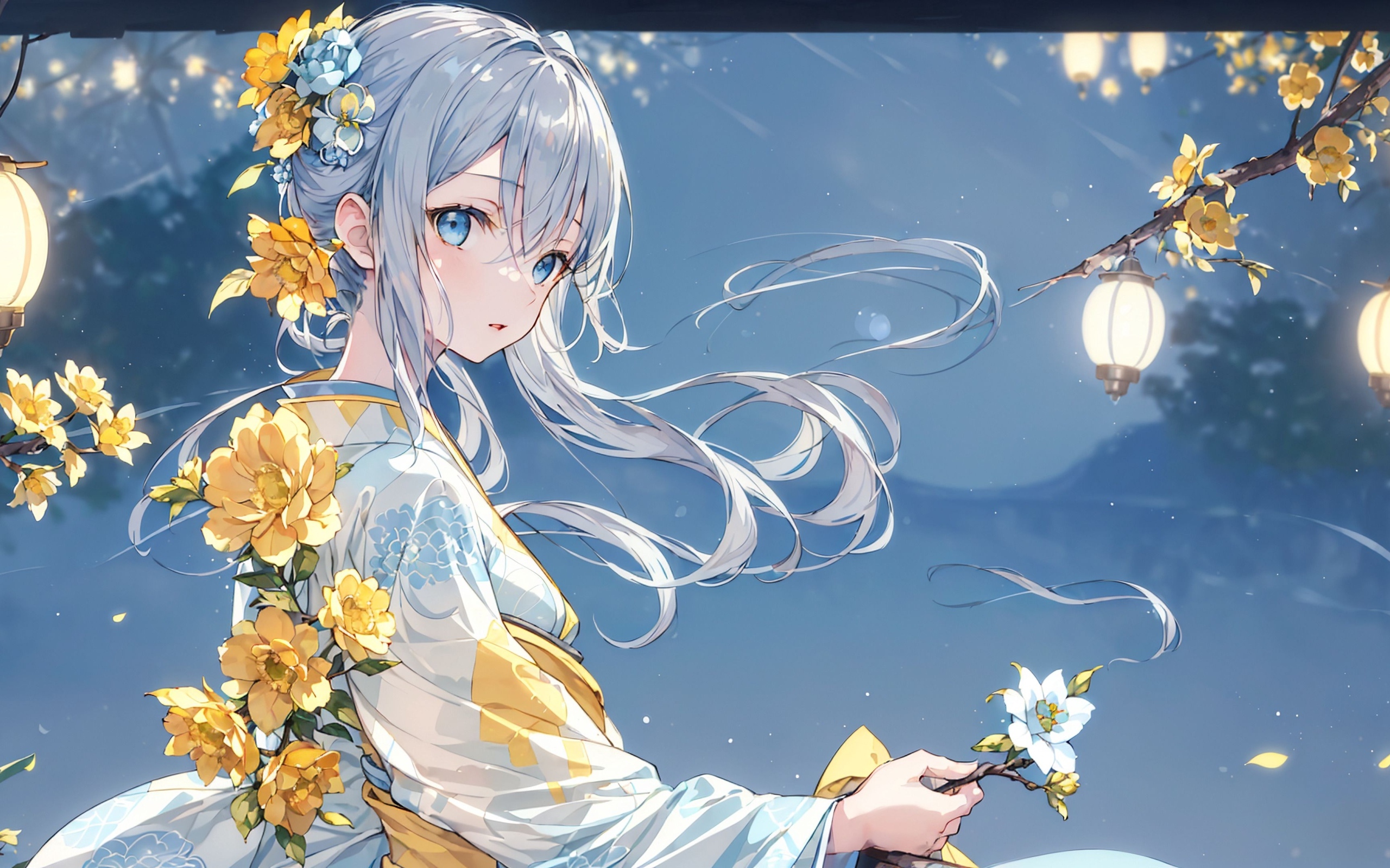 Девушка аниме украшена желтыми цветами