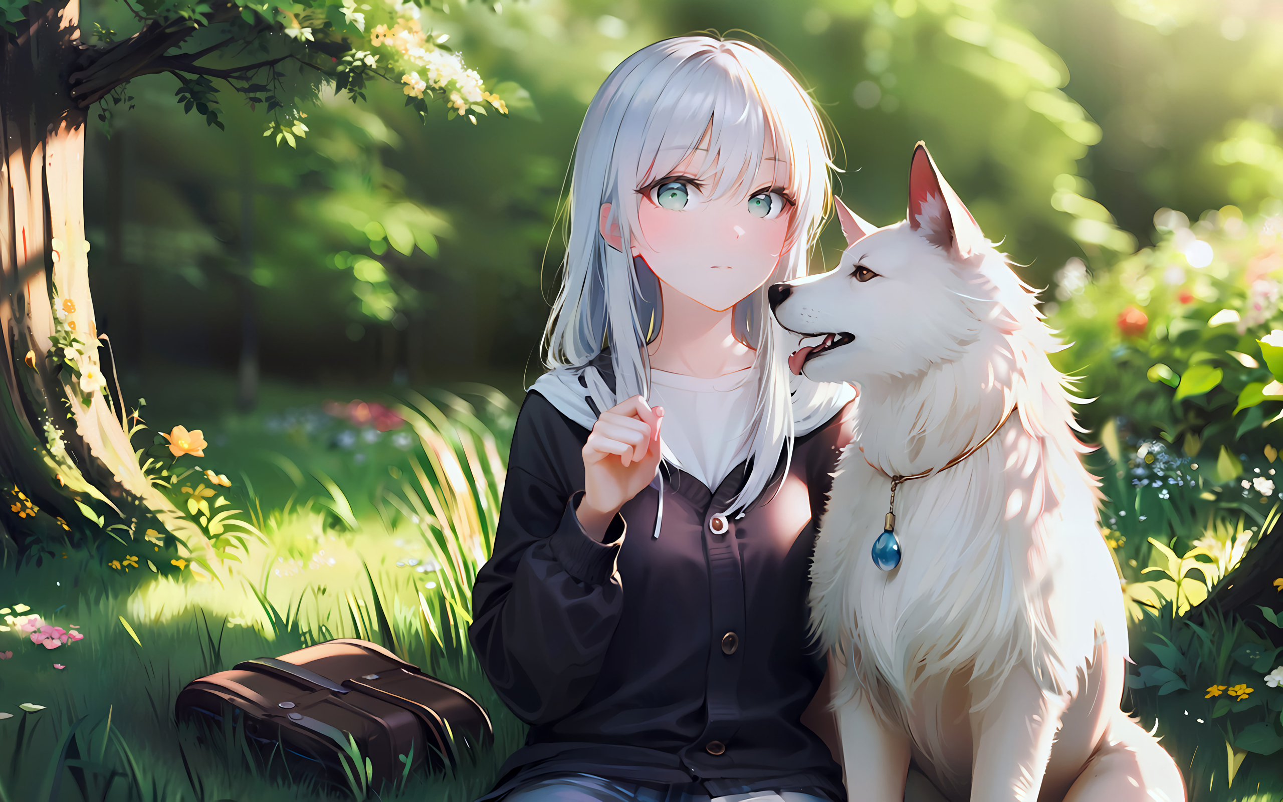 Девушка аниме с белой собакой в парке