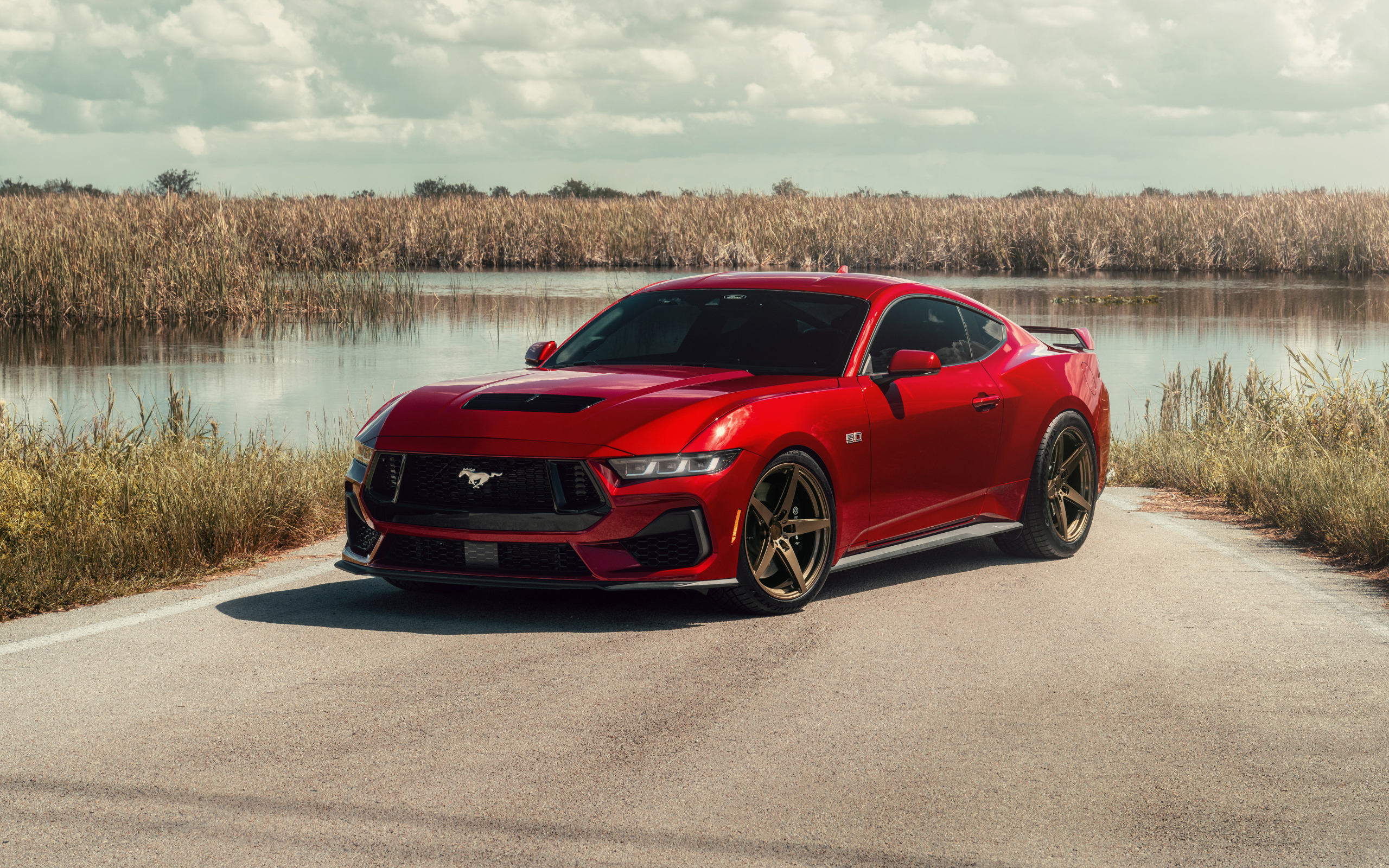 Красный Ford Mustang S650 у воды