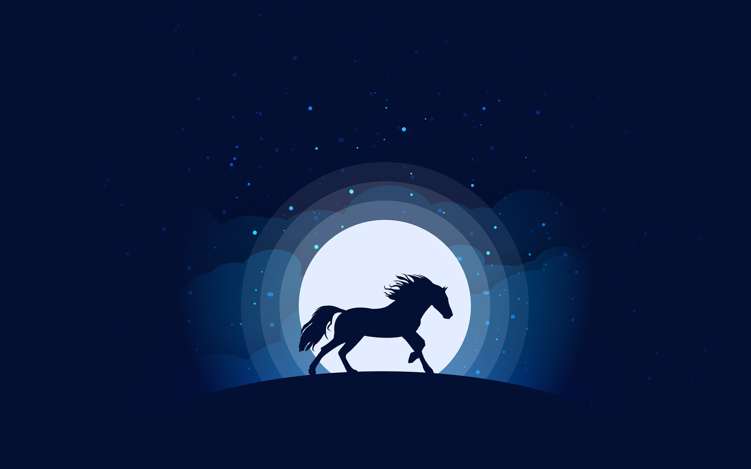 Черный нарисованный силуэт коня на фоне луны