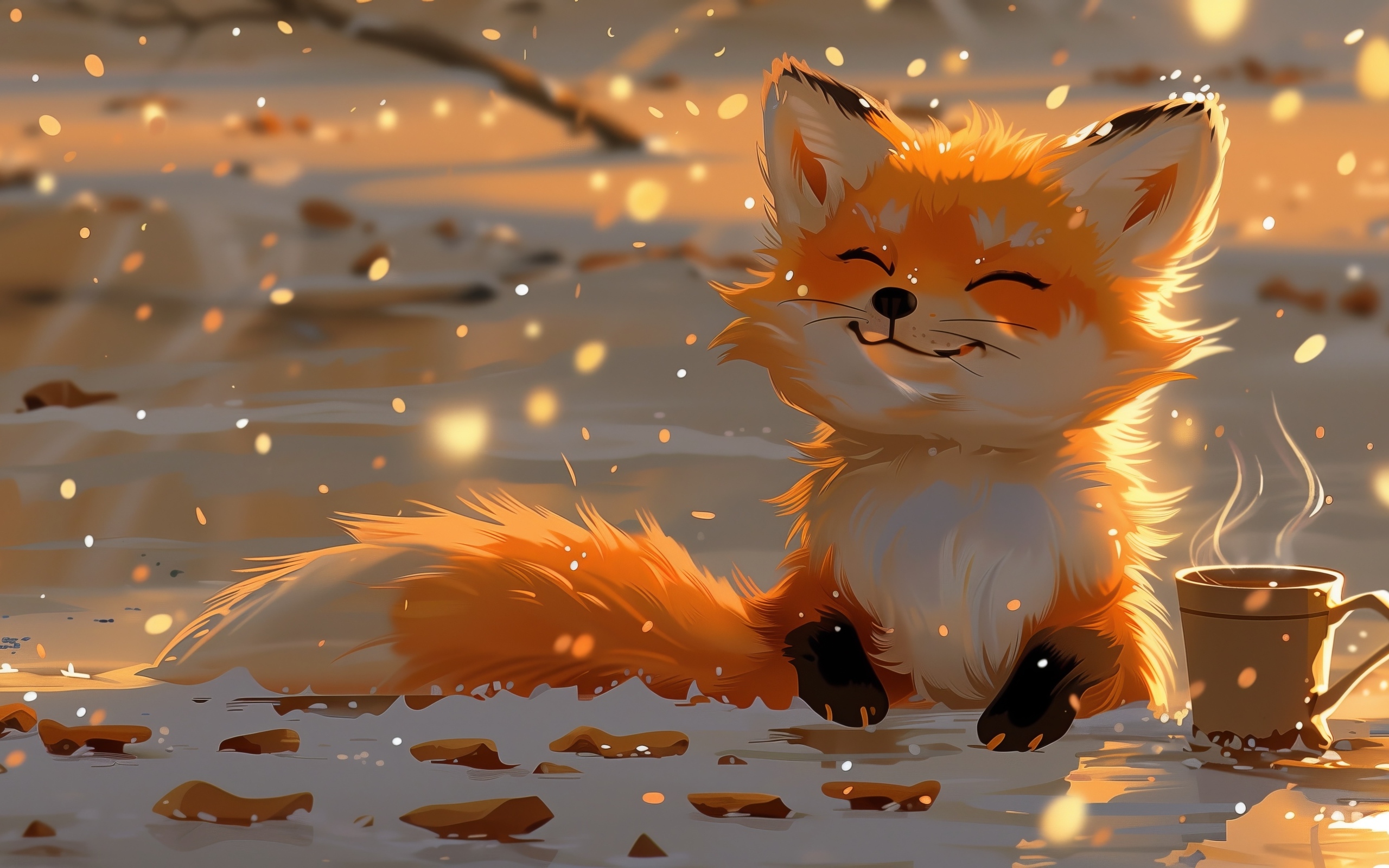 Нарисованный рыжий лисенок с чашкой