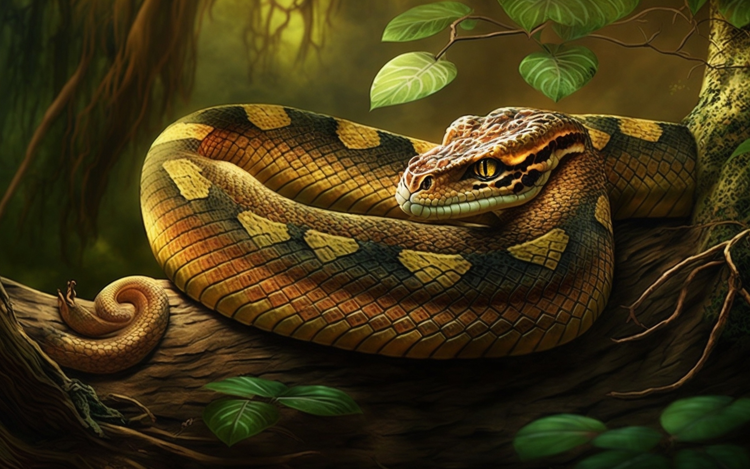 Нарисованная змея на ветке дерева