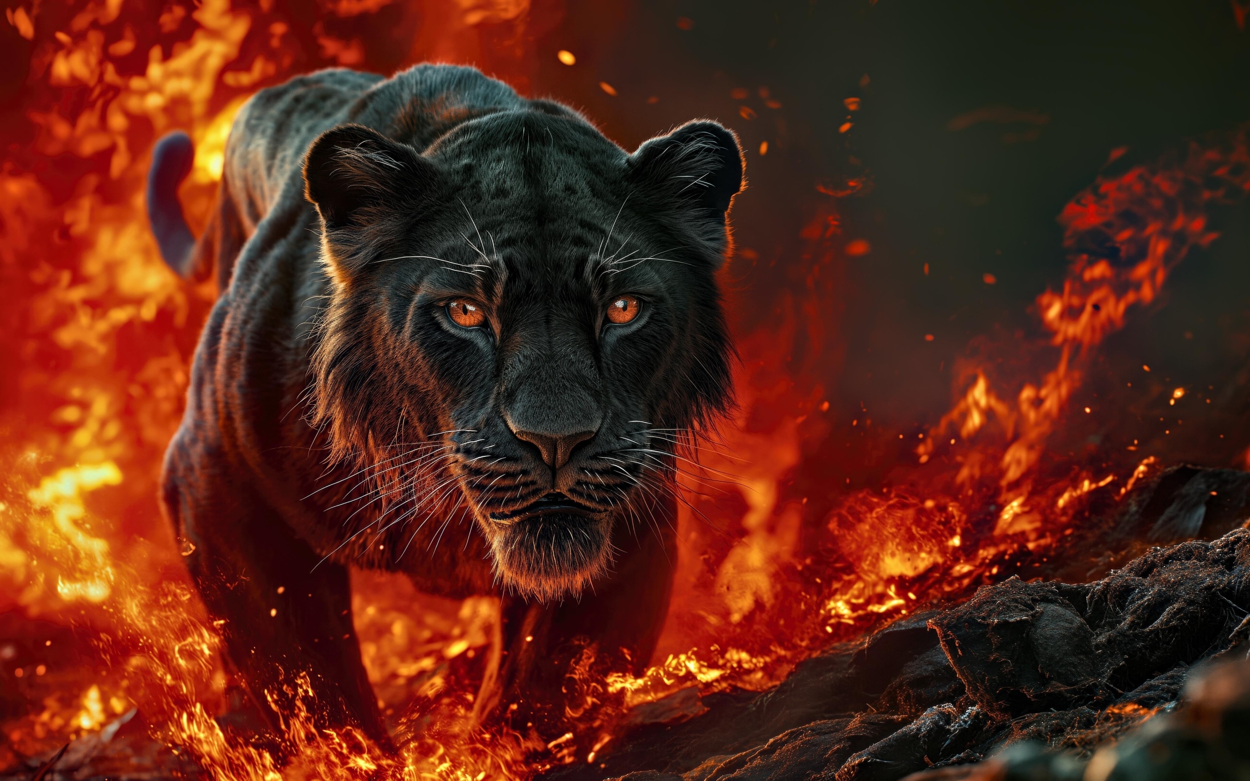 Черная пантера идет по огненной земле