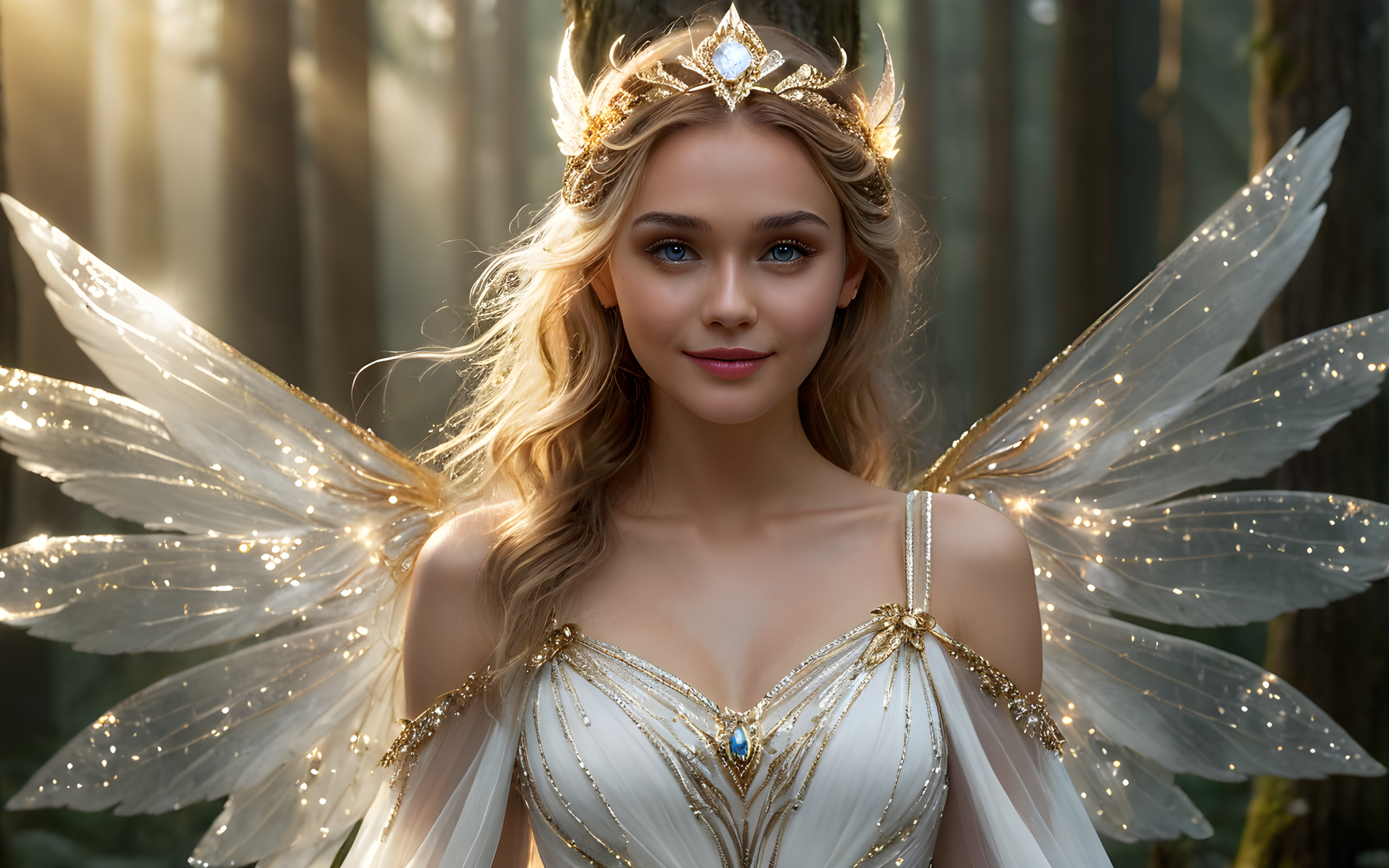 Девушка фея с крыльями в красивом платье