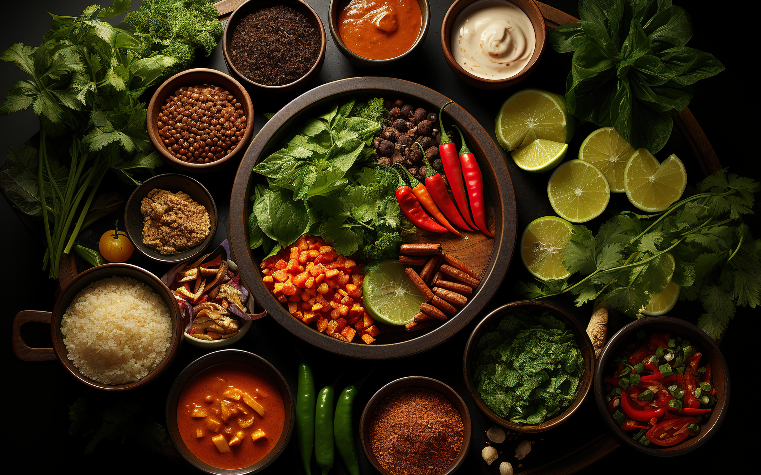 Ароматные специи, зелень и овощи на столе